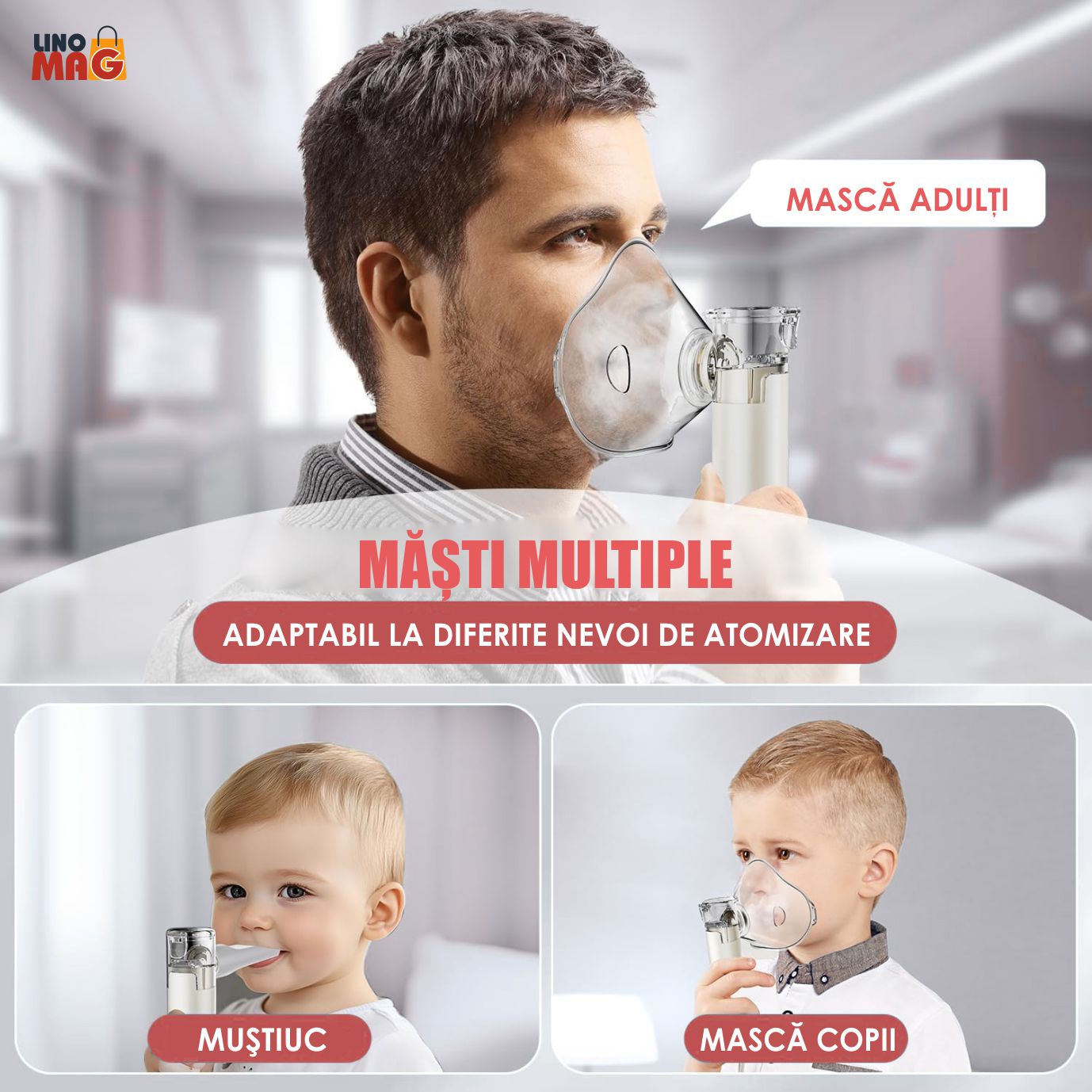 Aparat Aerosoli Profesional Linomag®, Masca Copii si Adulti, Tehnologie Mesh, Autocuratare, Silentios, Alb/Negru - imagine 7