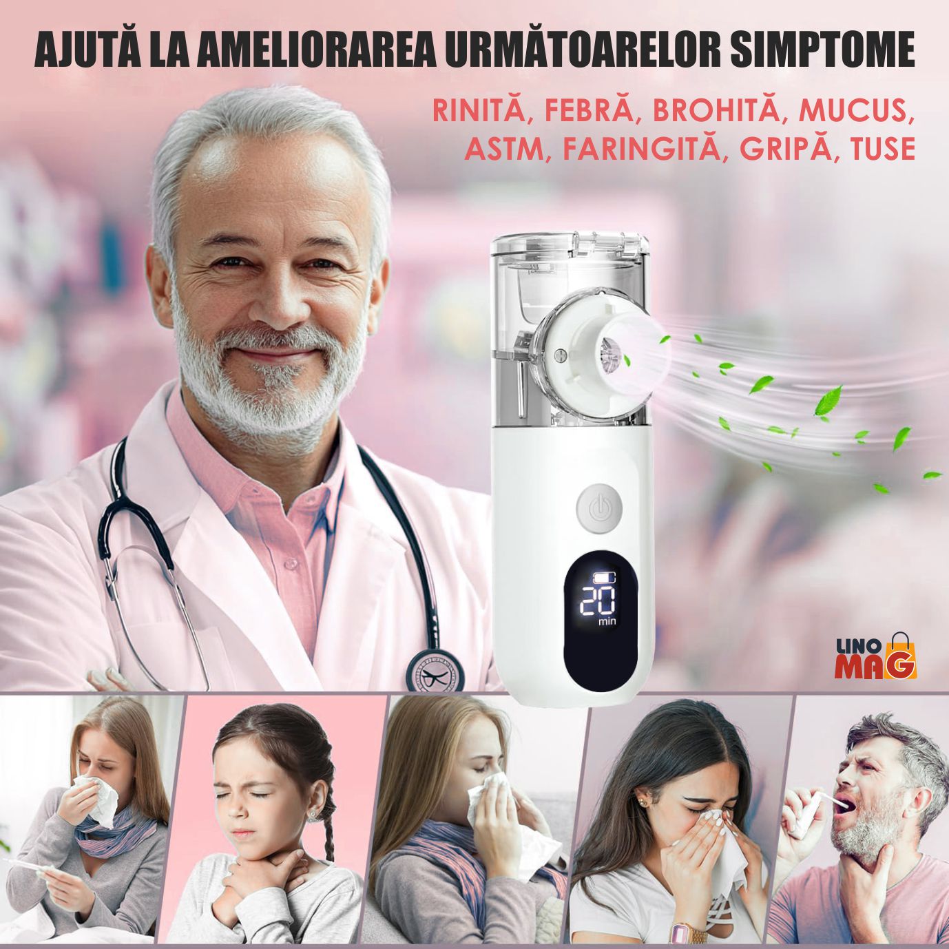 Aparat Aerosoli Profesional Linomag®, Masca Copii si Adulti, Tehnologie Mesh, Autocuratare, Silentios, Alb/Negru - imagine 8