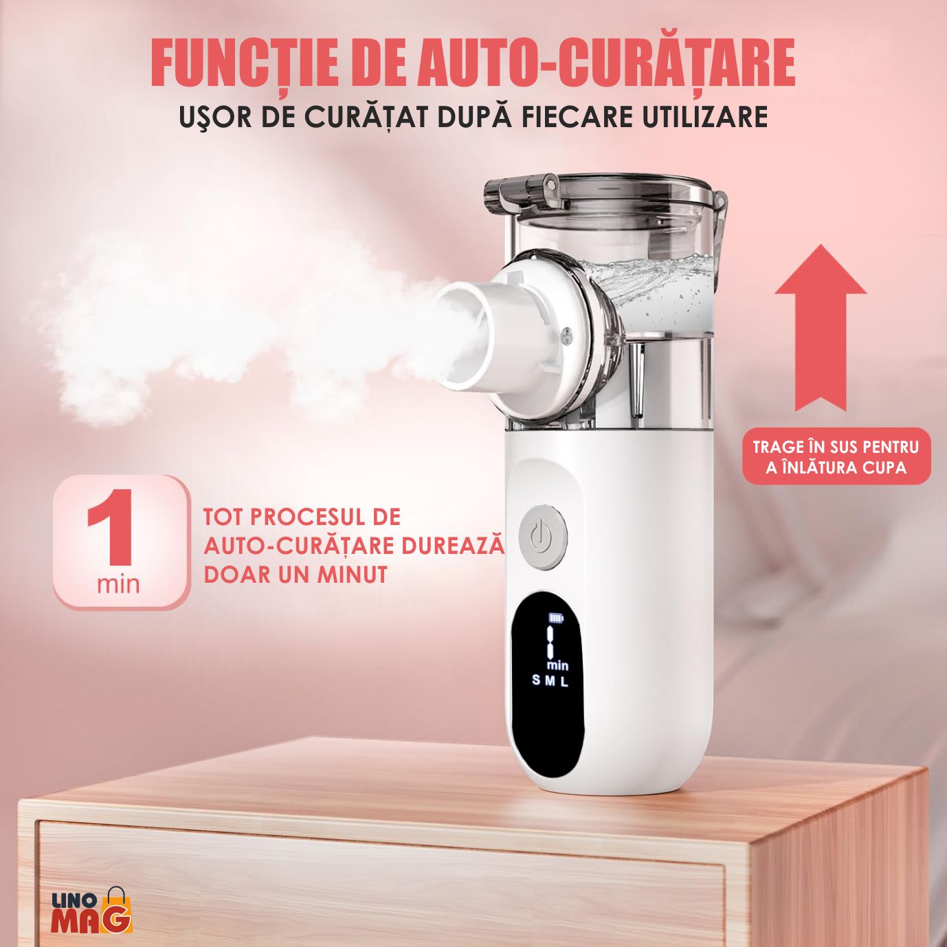 Aparat Aerosoli Profesional Linomag®, Masca Copii si Adulti, Tehnologie Mesh, Autocuratare, Silentios, Alb/Negru