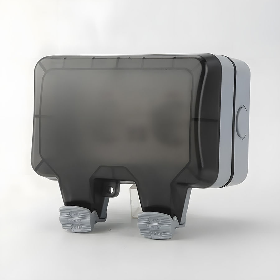 Priza dubla exterior, Model European, 250V/16A, IP66, rezistenta la apa si praf, gri cu intrerupatoare individuale