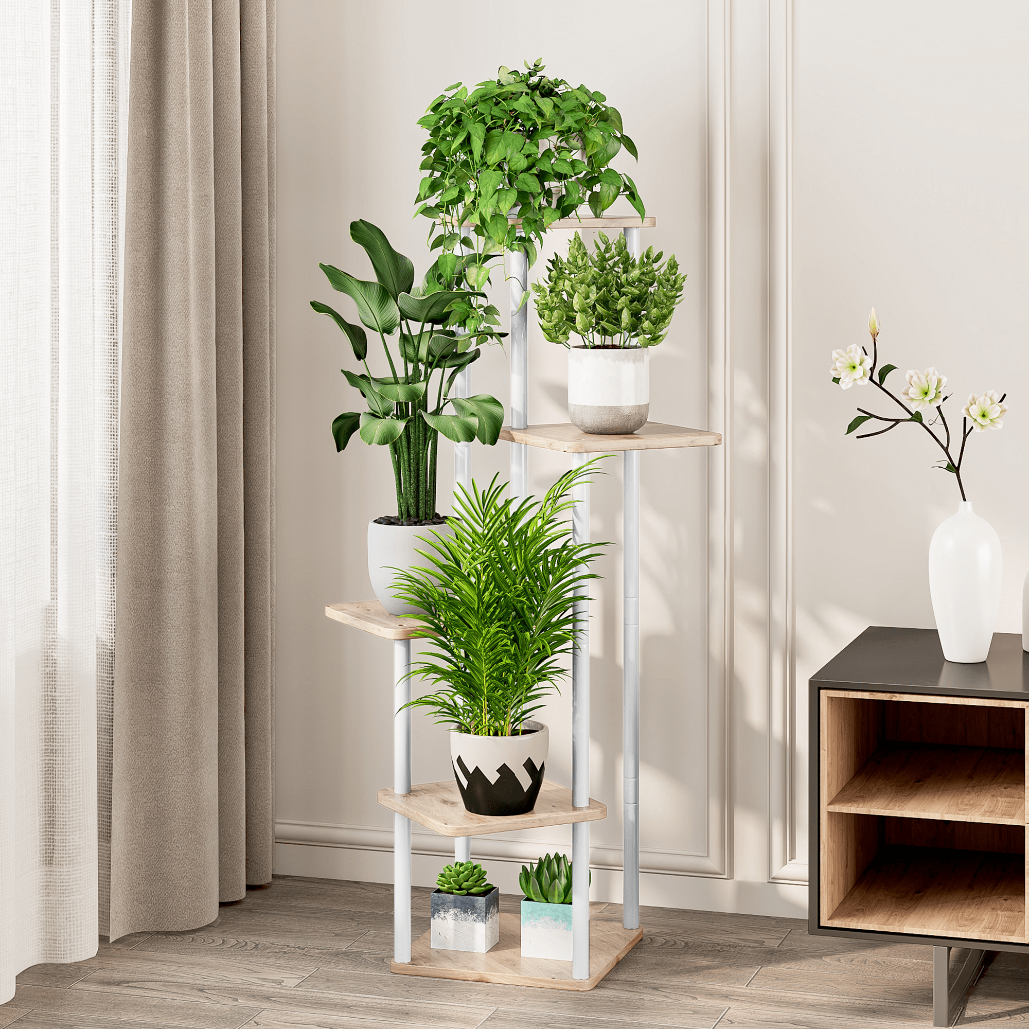 Suport de flori din metal, alb/stejar sonoma, ADITE - 1 | YEO