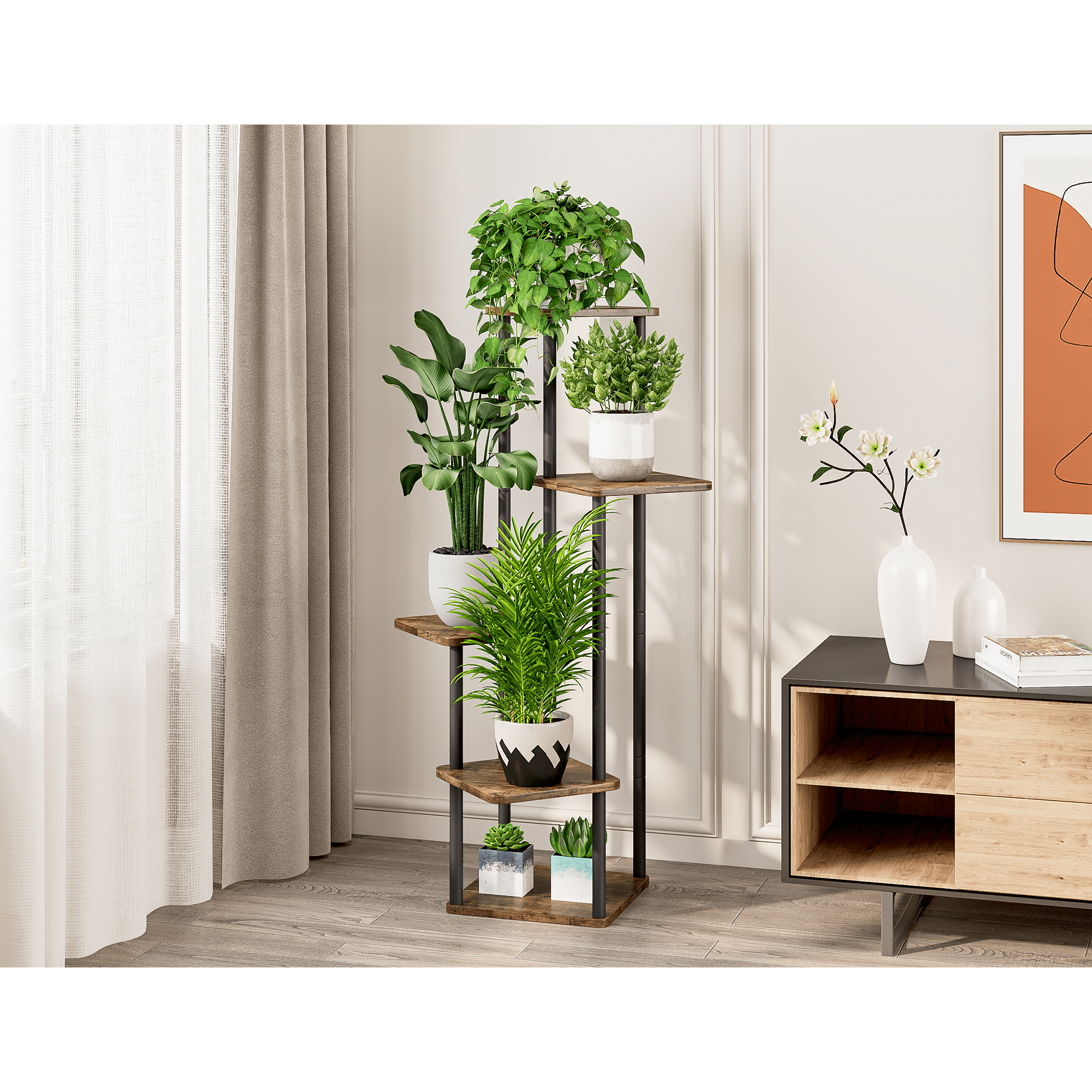 Suport de flori din metal, negru/lemn rustic, ADITE - 2 | YEO