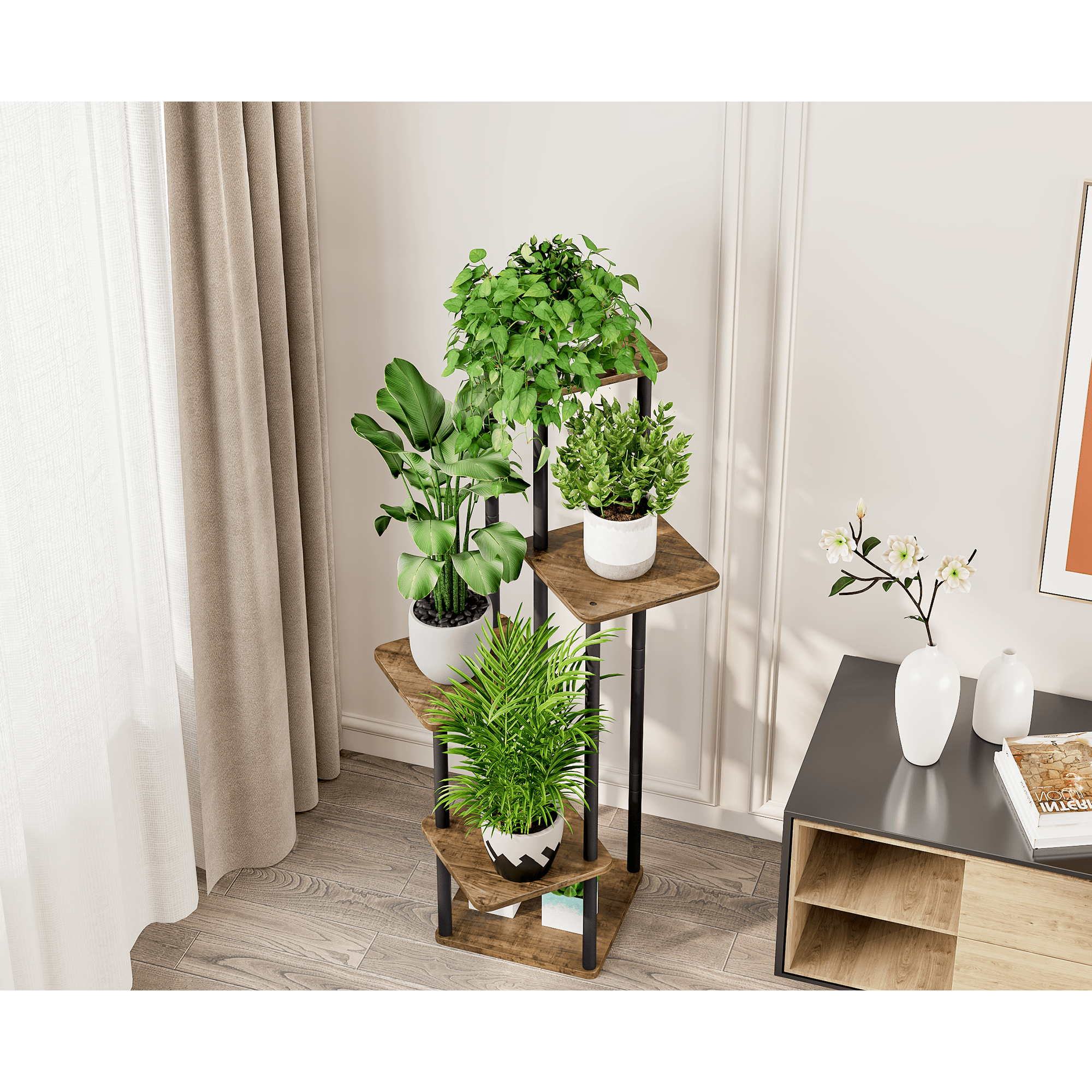 Suport de flori din metal, negru/lemn rustic, ADITE - 3 | YEO
