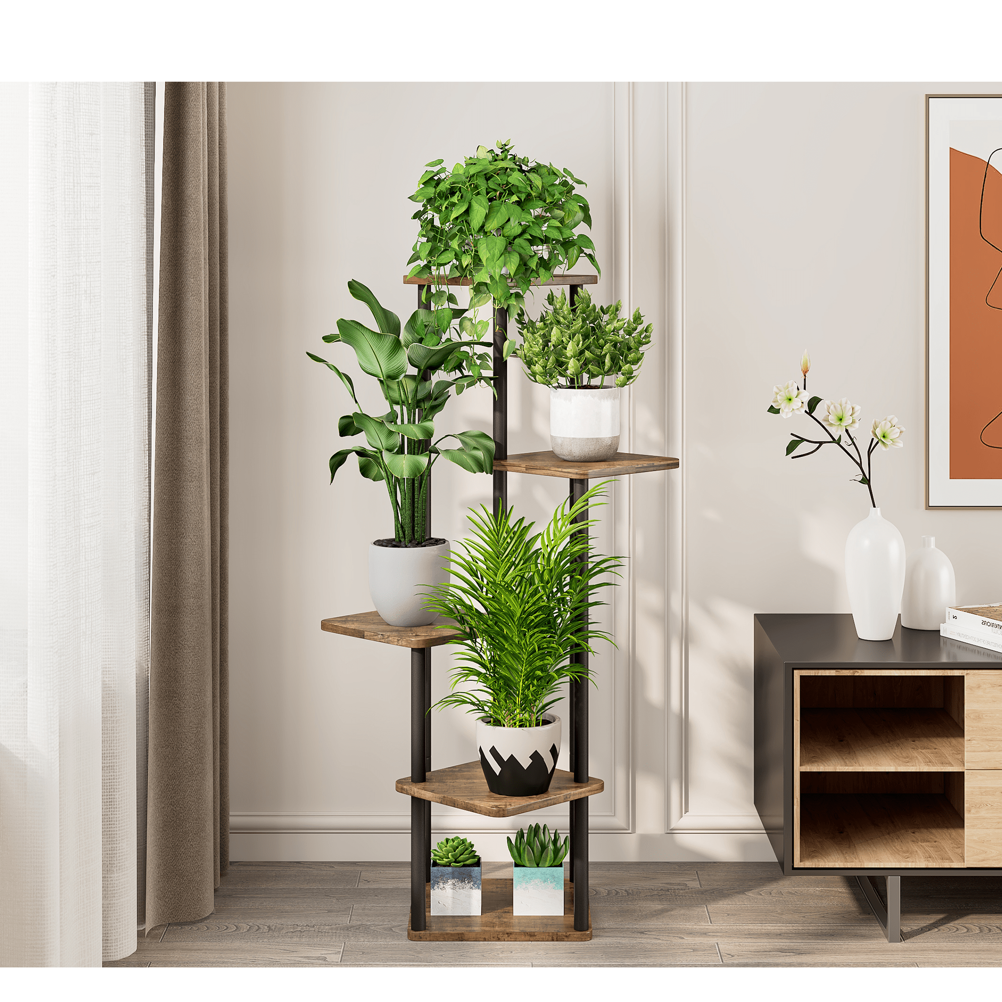 Suport de flori din metal, negru/lemn rustic, ADITE - 4 | YEO