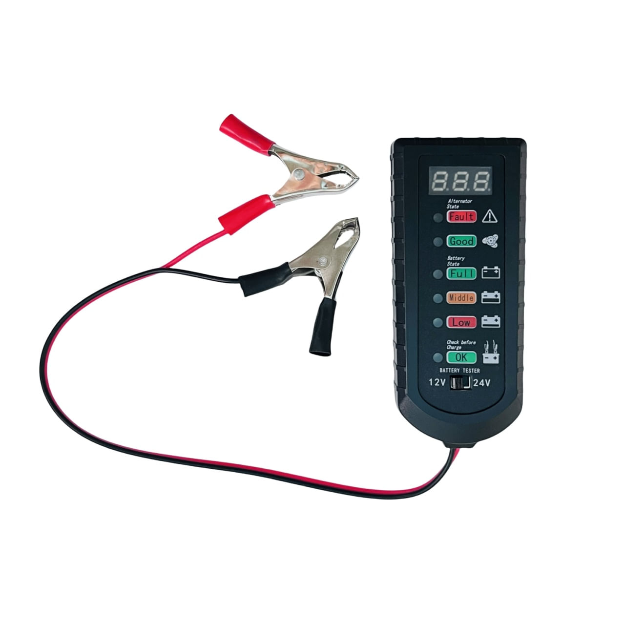 Tester Digital de Baterie Auto Techstar 12V/24V cu Afisaj LED, Diagnostic Alternator si Indicator Stare Acumulator