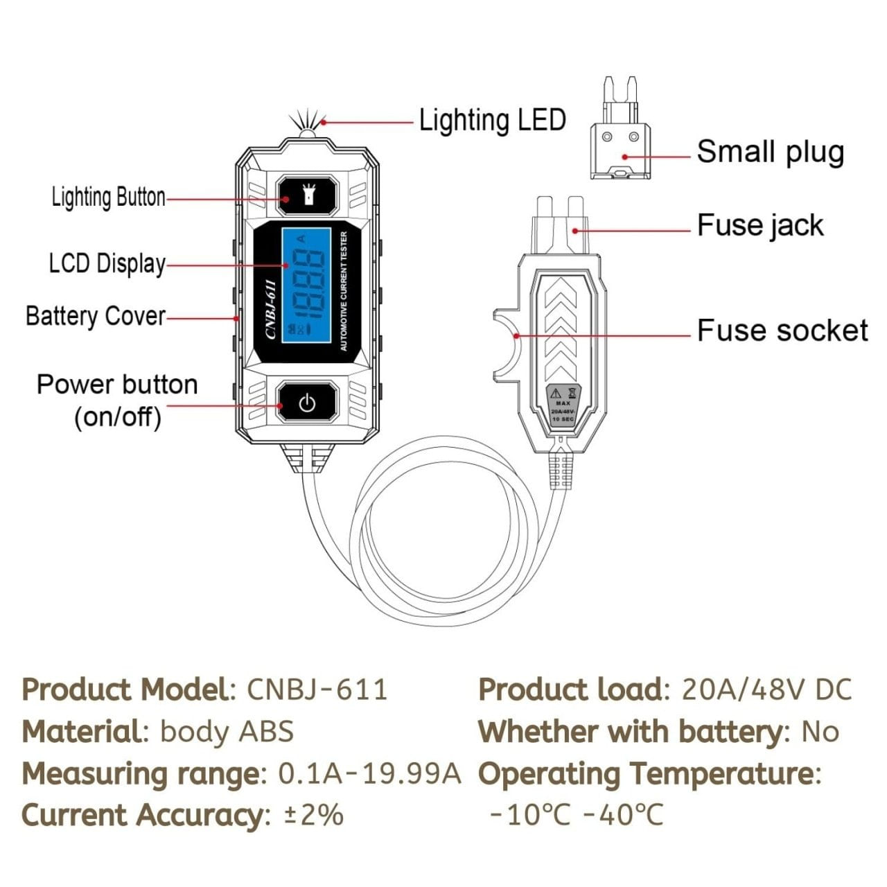 Tester Curent Auto Techstar® CNPJ-611, Cu Afisaj LCD Iluminat, Detectie Sigurante, Precizie ±2% - 1 | YEO