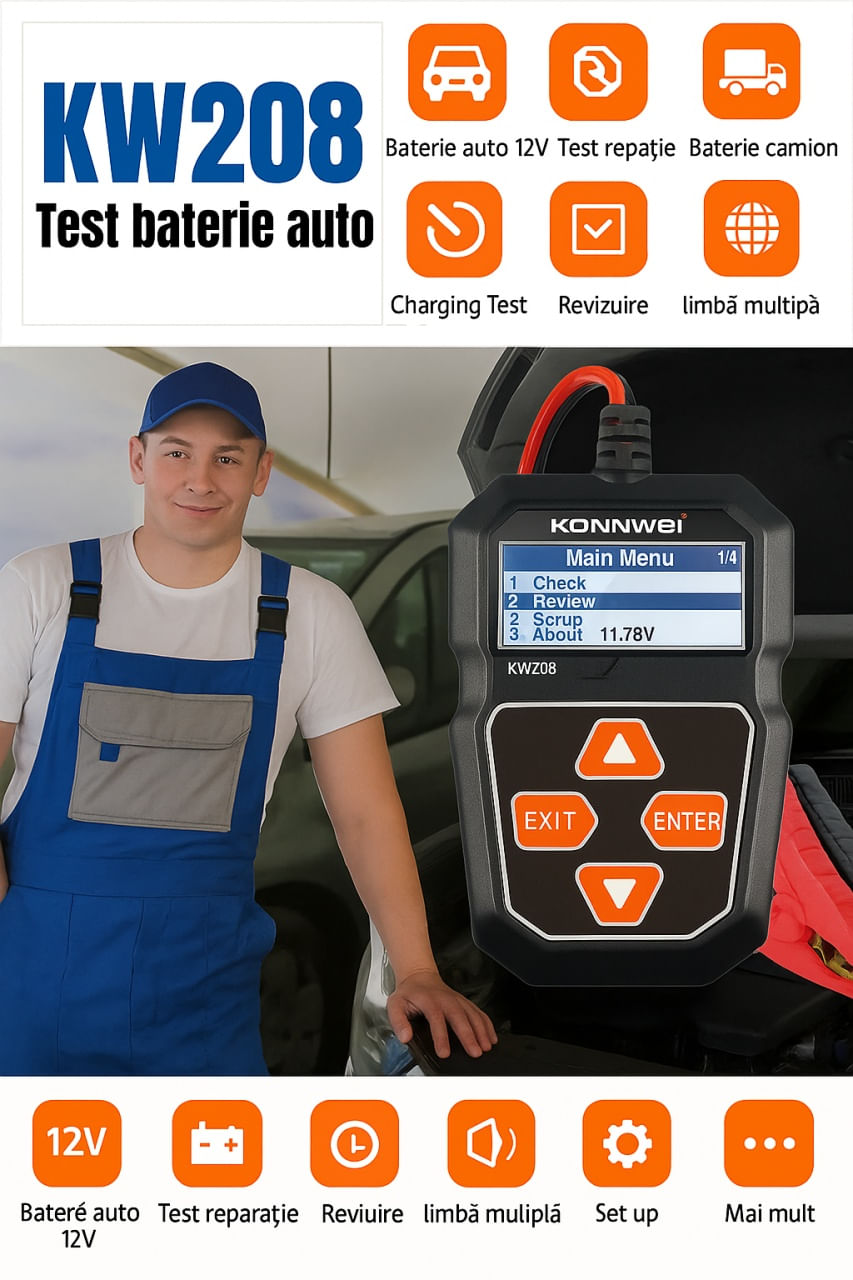 Tester Baterie Alternator Auto KONNWEI KW208, 12V, Test Incarcare, Pornire, Cranking, AGM, GEL, LiFePO4, afisaj LCD - 1 | YEO