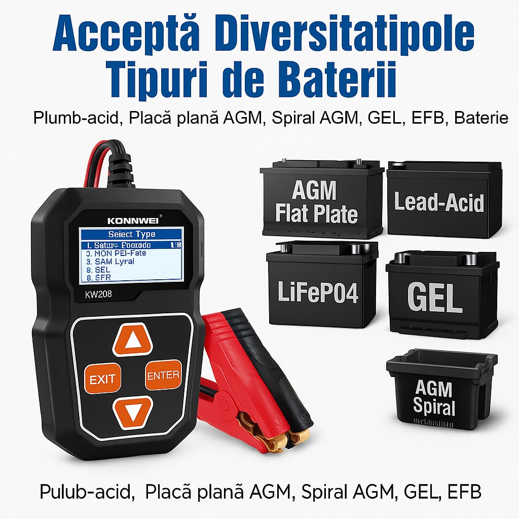 Tester Baterie Alternator Auto KONNWEI KW208, 12V, Test Incarcare, Pornire, Cranking, AGM, GEL, LiFePO4, afisaj LCD - 4 | YEO