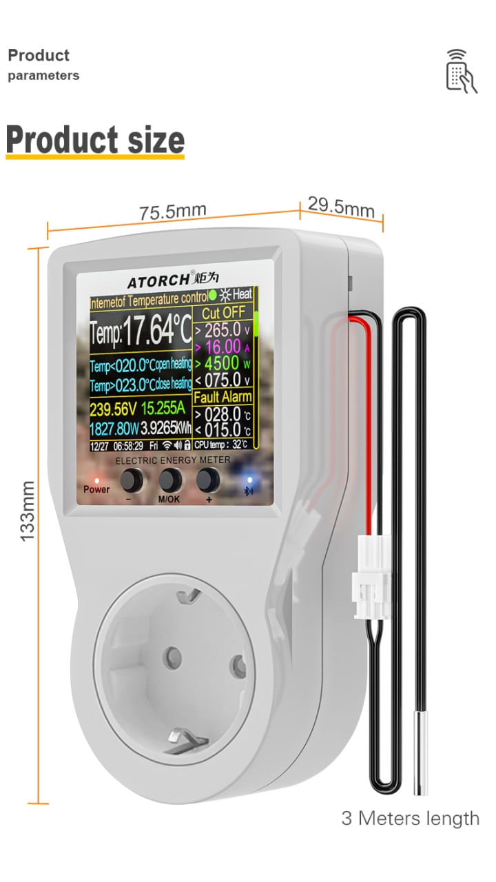 Priza inteligenta si Controller smart temperatura si consum energie ATORCH S1BWT, WiFi, Bluetooth - 3 | YEO