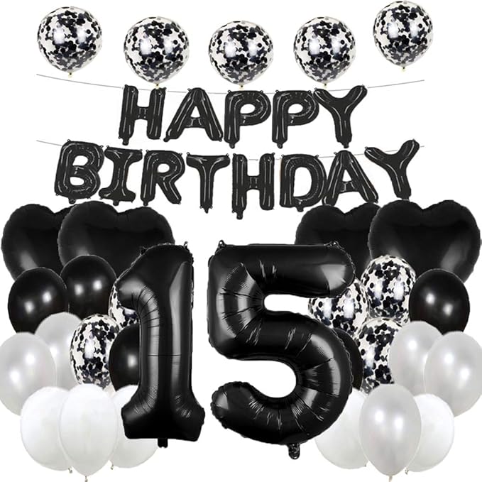 Set 25 baloane pentru ziua de nastere/aniversare, balon mare 15 ani, 101cm, negru