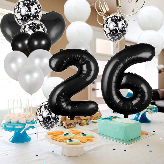 Set 25 baloane pentru ziua de nastere/aniversare, balon mare 26 ani, 101cm, negru