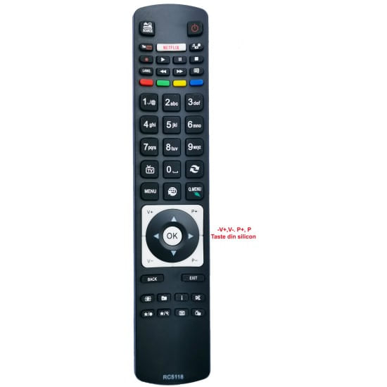 RC5118 Telecomanda pentru LCD NEI,AKAI, DIGIHOME, FINLUX, HITACHI, TELEFUNKEN cu NETFLIX varianta mica cu tastele V+, V-, P+, P- din silicon