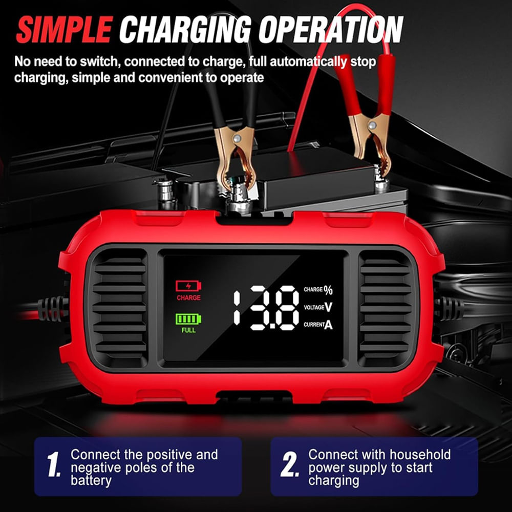 Incarcator redresor baterie moto Techstar 12V 2A cu oprire automata, incarcare inteligenta cu 3 etape, afisaj LED