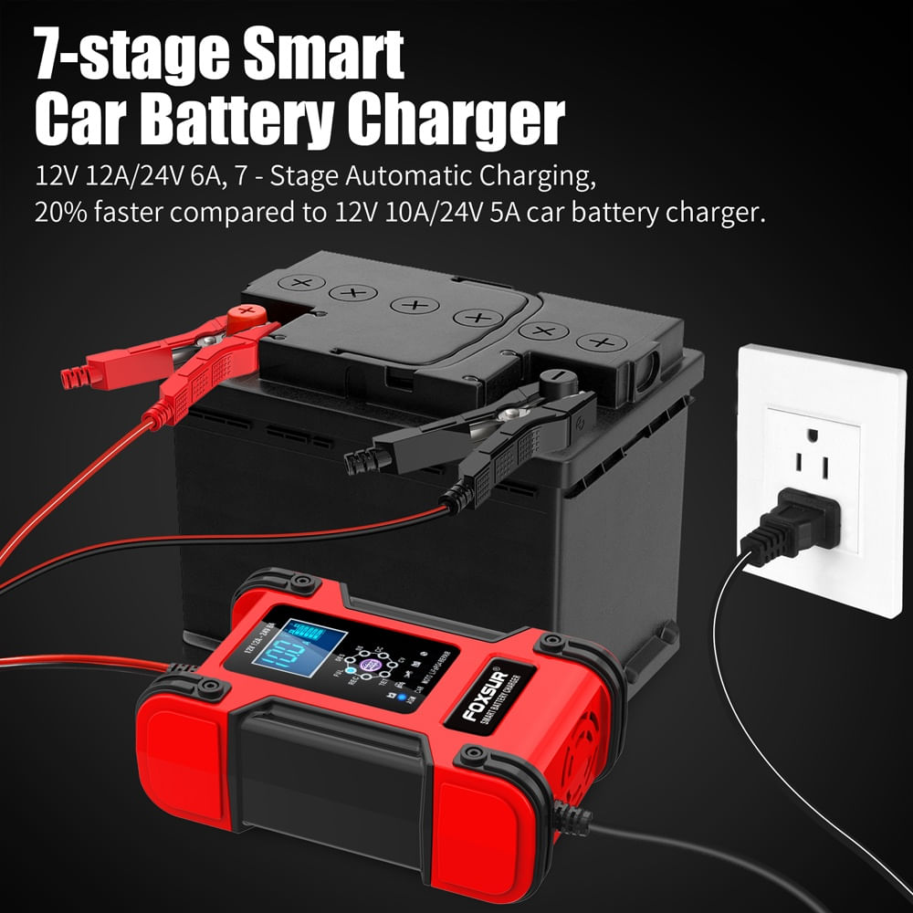 Incarcator Redresor baterii auto-moto inteligent FOXSur FBC122412D, 12V 12A/24V 6A, 7 trepte incarcare, LCD, rosu