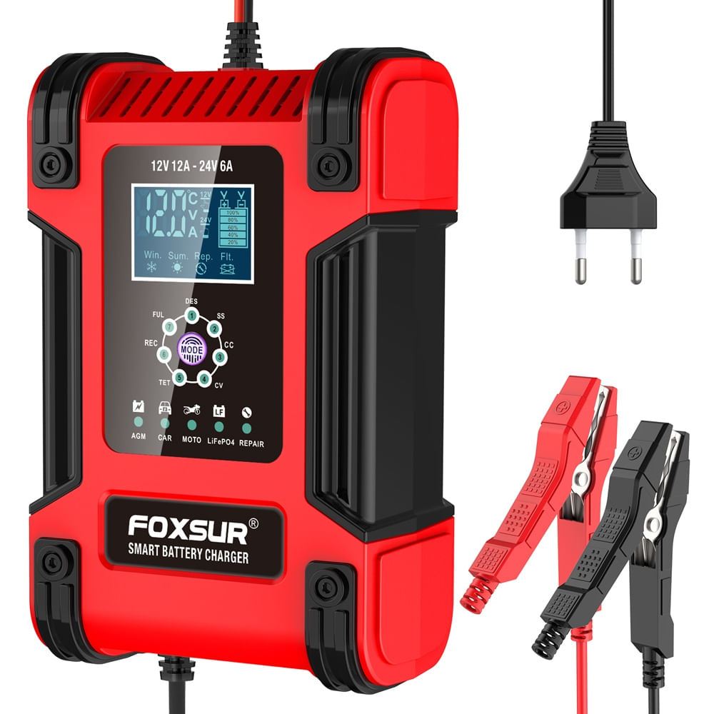 Incarcator Redresor baterii auto-moto inteligent FOXSur FBC122412D, 12V 12A/24V 6A, 7 trepte incarcare, LCD, rosu - 3 | YEO