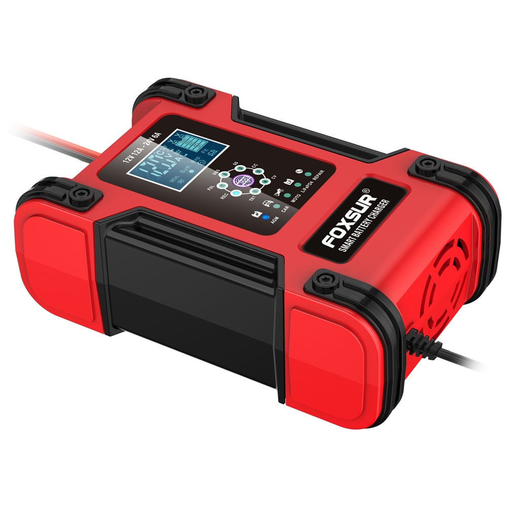 Incarcator Redresor baterii auto-moto inteligent FOXSur FBC122412D, 12V 12A/24V 6A, 7 trepte incarcare, LCD, rosu - 4 | YEO