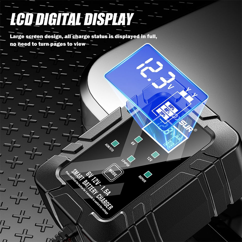 Incarcator inteligent baterie auto si moto FOXSUR 6V/12V, 1.5A, compatibil AGM, GEL, SLA, LiFePO4, cu Pulse Repair - 4 | YEO