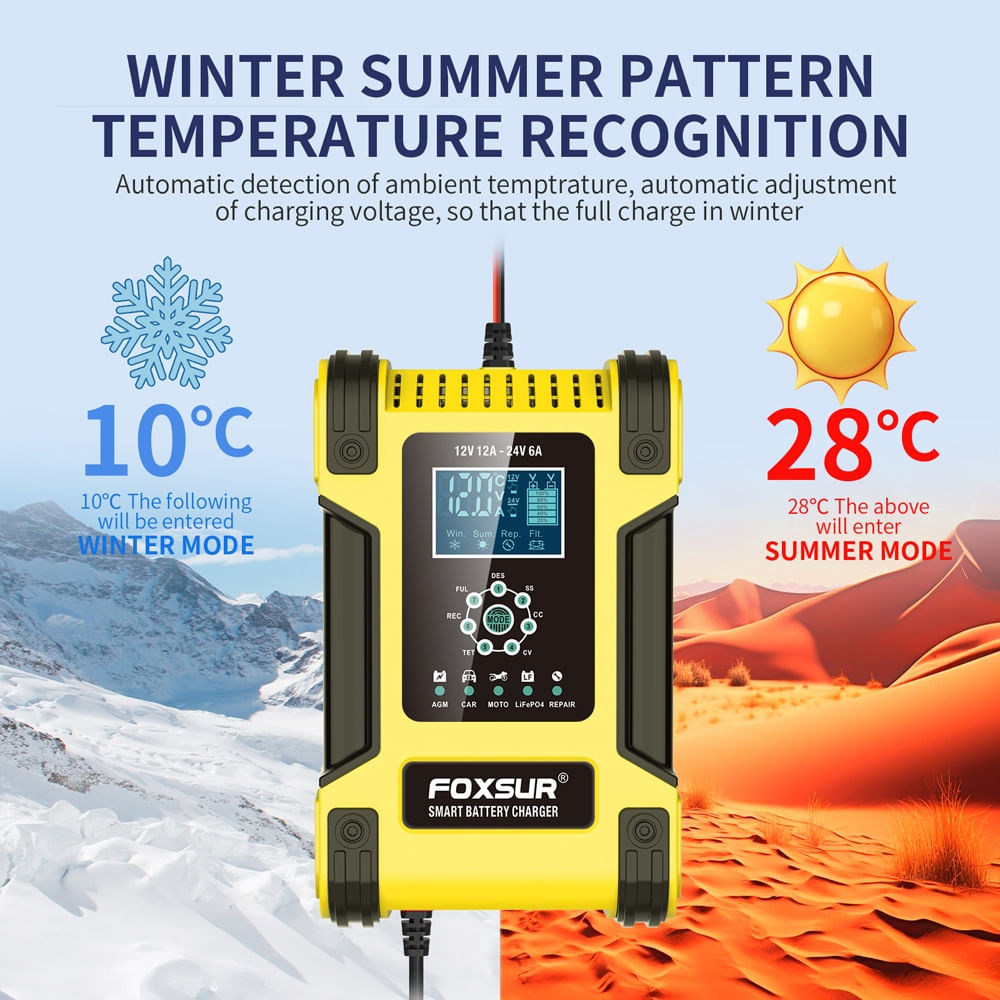 Incarcator Redresor baterii auto-moto inteligent FOXSur FBC122412D, 12V 12A/24V 6A, 7 trepte incarcare, LCD