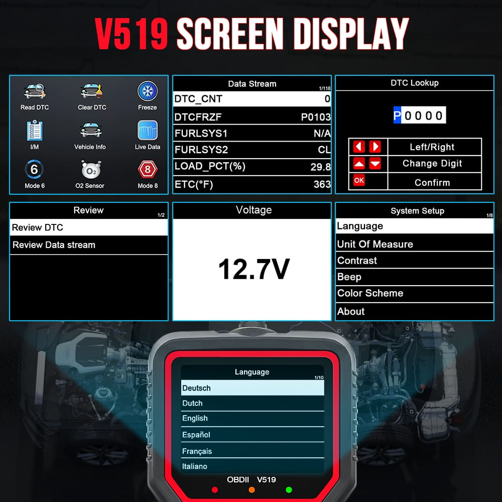 Tester Diagnoza Auto Techstar V519 OBD2, diagnoza motor, citire si stergere coduri eroare, tensiune baterie - imagine 5