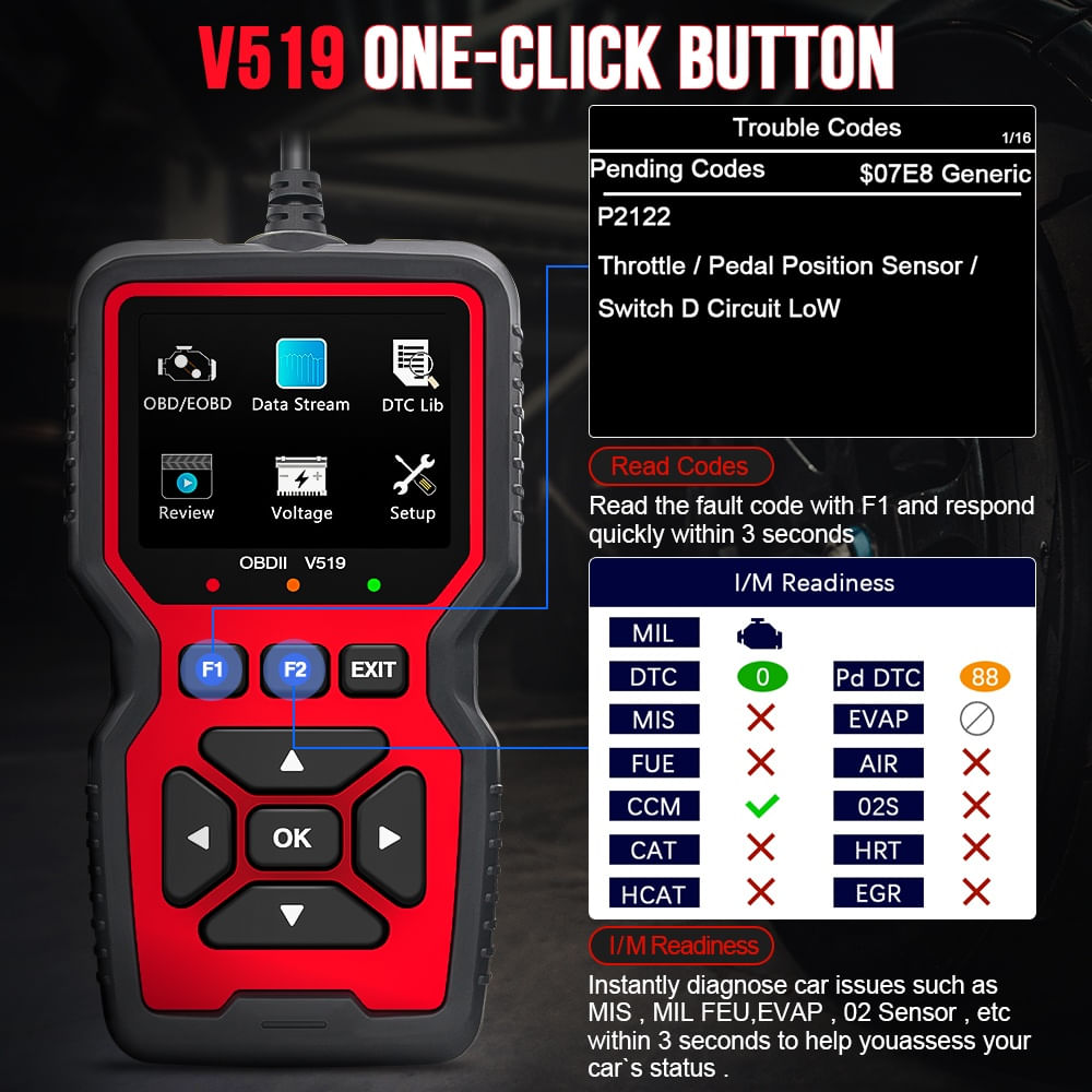Tester Diagnoza Auto Techstar V519 OBD2, diagnoza motor, citire si stergere coduri eroare, tensiune baterie - imagine 7