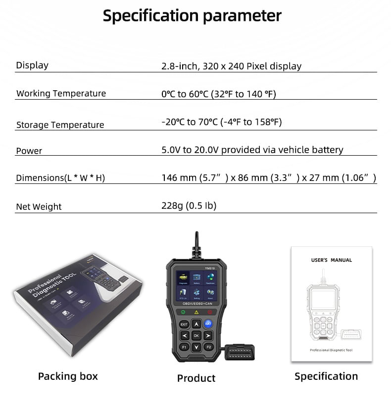 Tester auto de diagnoza OBD2 Techstar YM519, Resetare erori, Test baterie, Scanare coduri eroare motor, Citire parametri