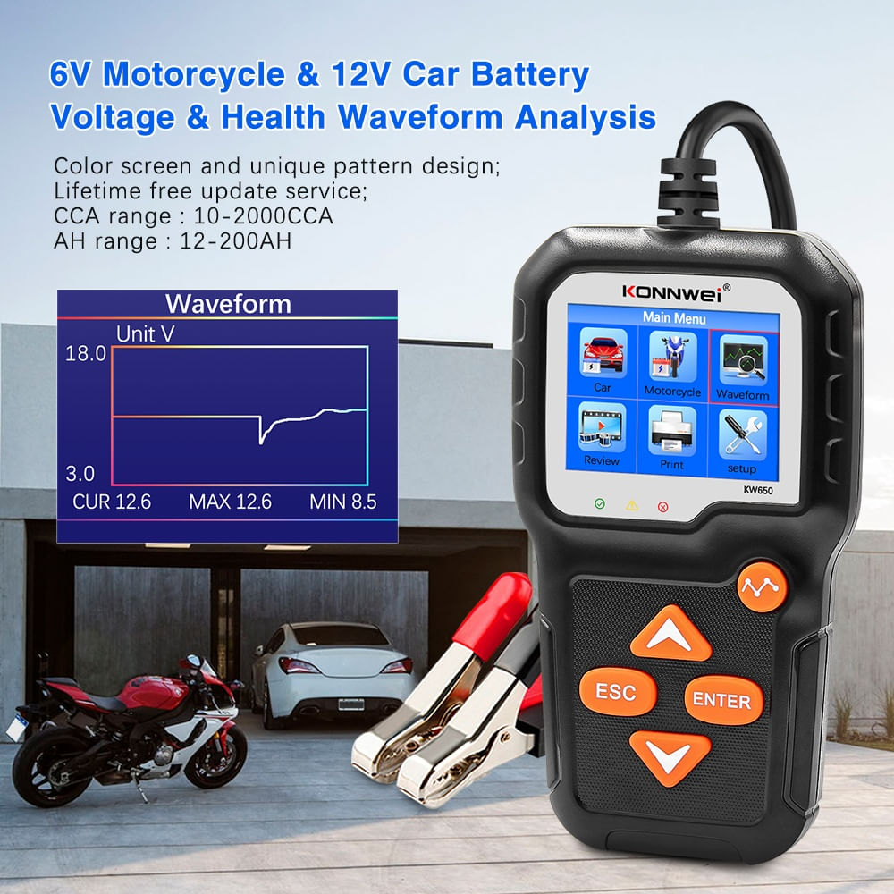 Tester Profesional pentru Baterii Auto si Moto KONNWEI KW650, 6-16V, cu Ecran Color 2.4