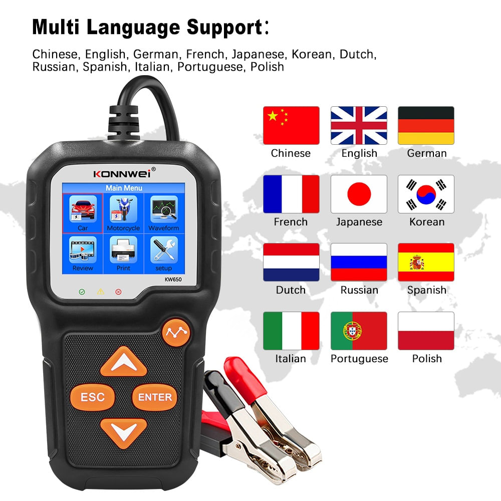Tester Profesional pentru Baterii Auto si Moto KONNWEI KW650, 6-16V, cu Ecran Color 2.4