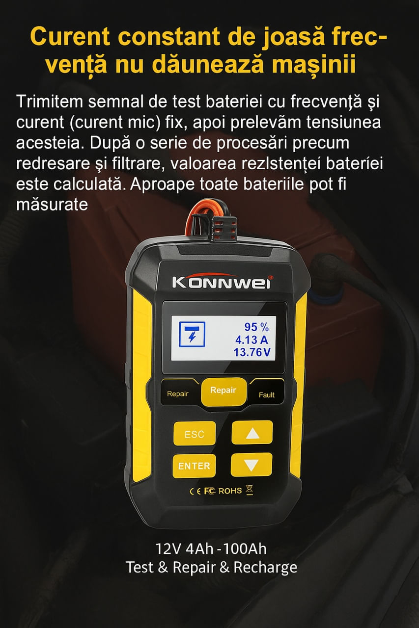 Tester Baterie Auto KONNWEI KW510, Testare CCA, Incarcare, Reparatie, Suport 12V, Rezistenta, SOH, SOC, Test Ripple - 4 | YEO