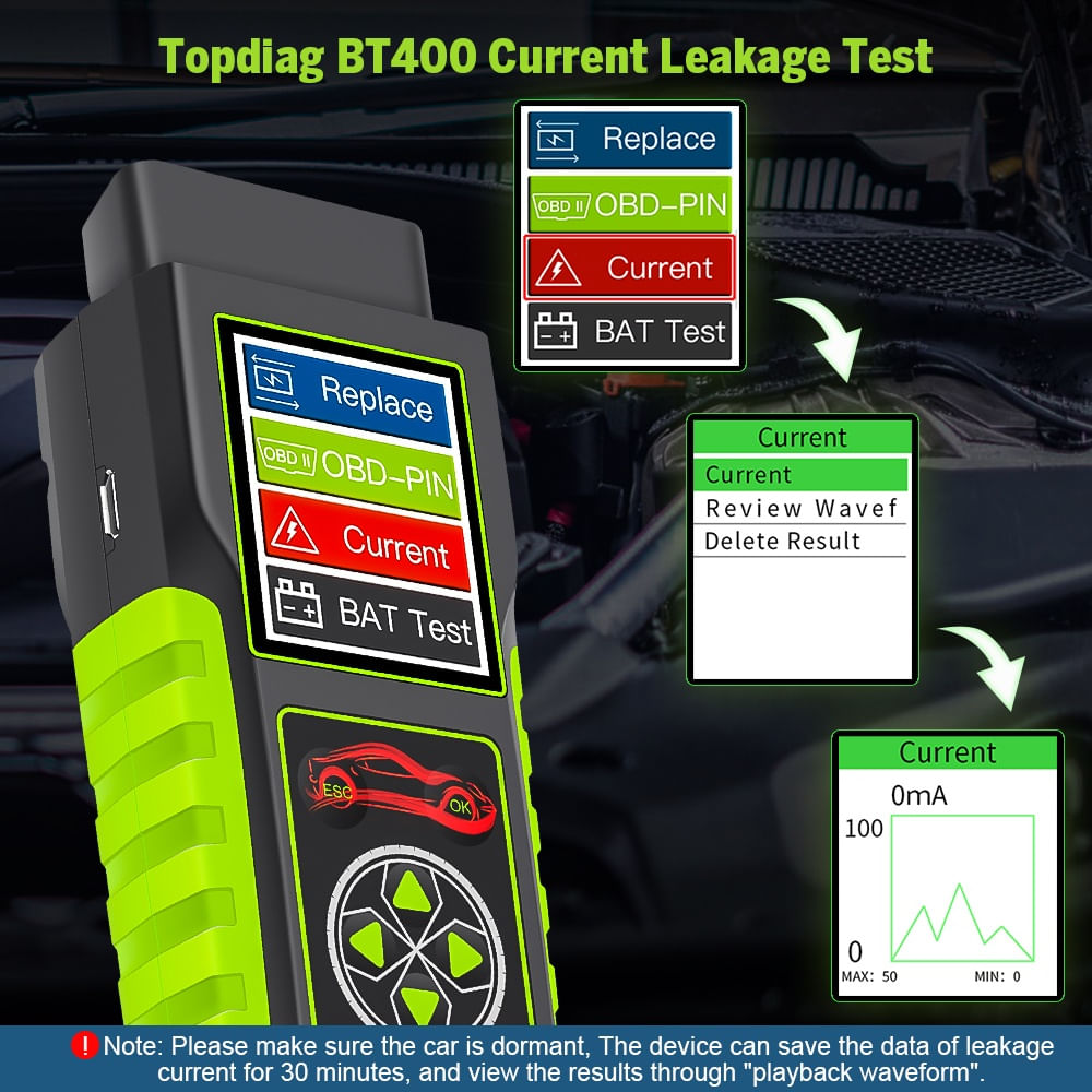 Tester auto Topdiag BT400 4 in 1, test baterie, tensiune pini OBD2, pierderi curent, asistenta inlocuire acumulator - 4 | YEO