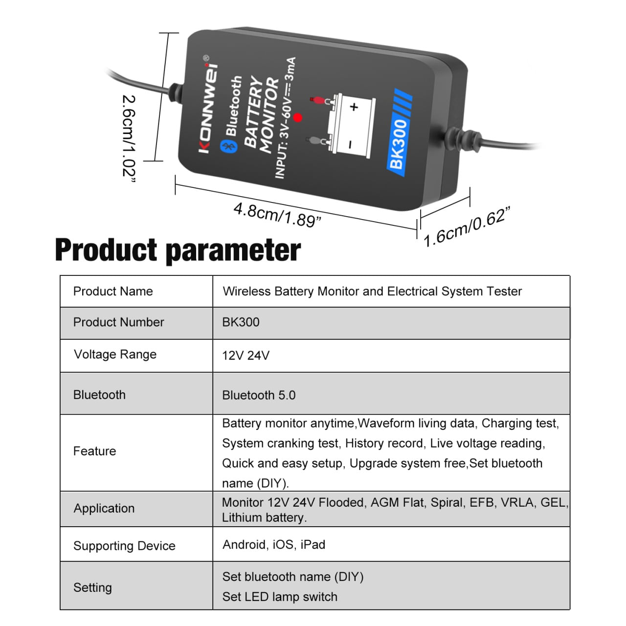 Tester Baterie Auto Inteligent cu Bluetooth 5.0 KONNWEI BK300, Aplicatie Telefon, Android si iOS, Monitor Baterie Wifi - 3 | YEO