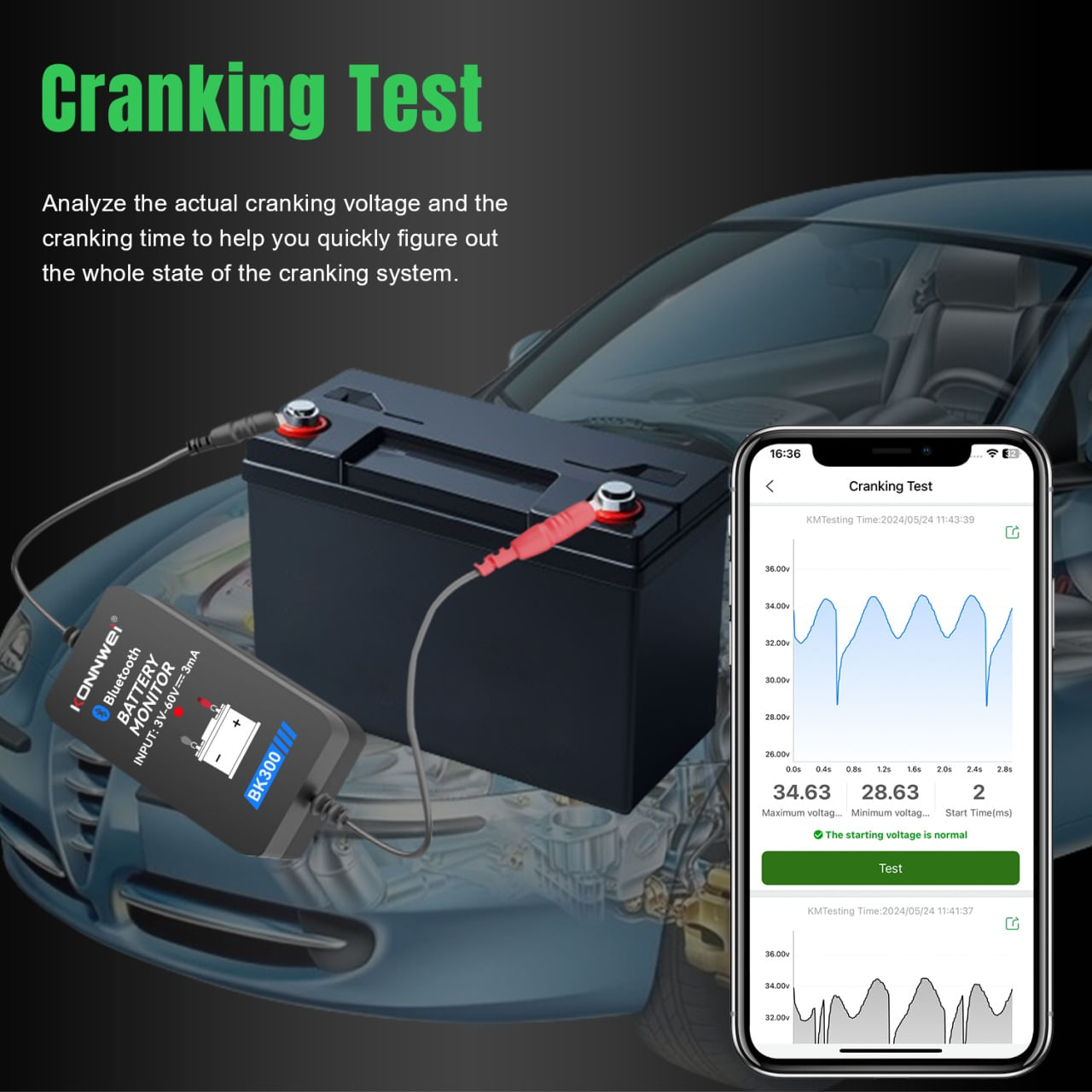Tester Baterie Auto Inteligent cu Bluetooth 5.0 KONNWEI BK300, Aplicatie Telefon, Android si iOS, Monitor Baterie Wifi - 4 | YEO