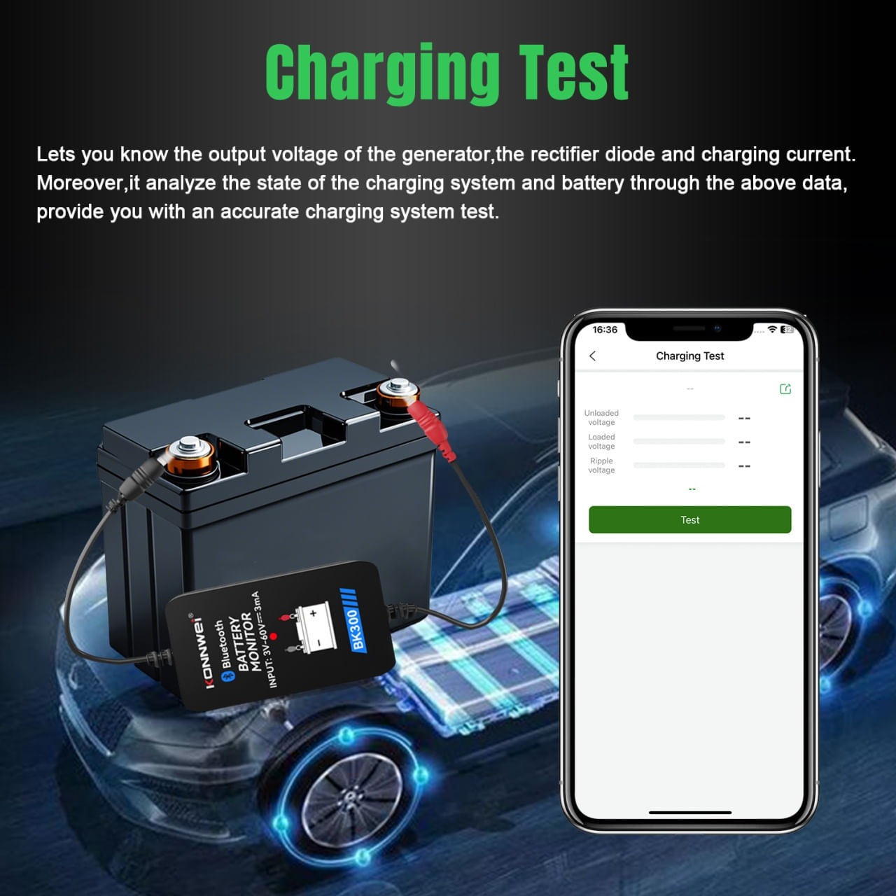 Tester Baterie Auto Inteligent cu Bluetooth 5.0 KONNWEI BK300, Aplicatie Telefon, Android si iOS, Monitor Baterie Wifi - imagine 6