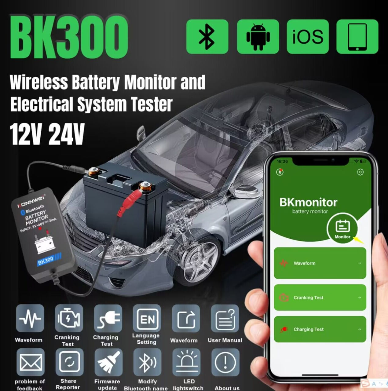 Tester Baterie Auto Inteligent cu Bluetooth 5.0 KONNWEI BK300, Aplicatie Telefon, Android si iOS, Monitor Baterie Wifi - imagine 9