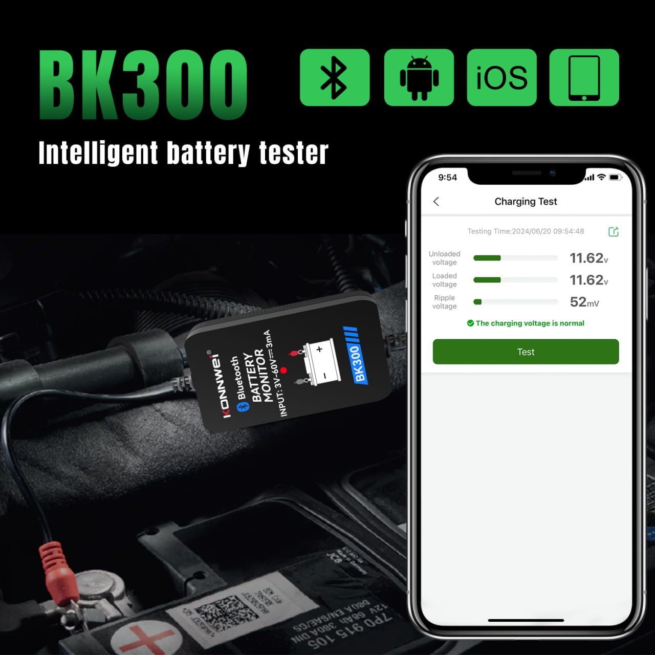 Tester Baterie Auto Inteligent cu Bluetooth 5.0 KONNWEI BK300, Aplicatie Telefon, Android si iOS, Monitor Baterie Wifi - imagine 15