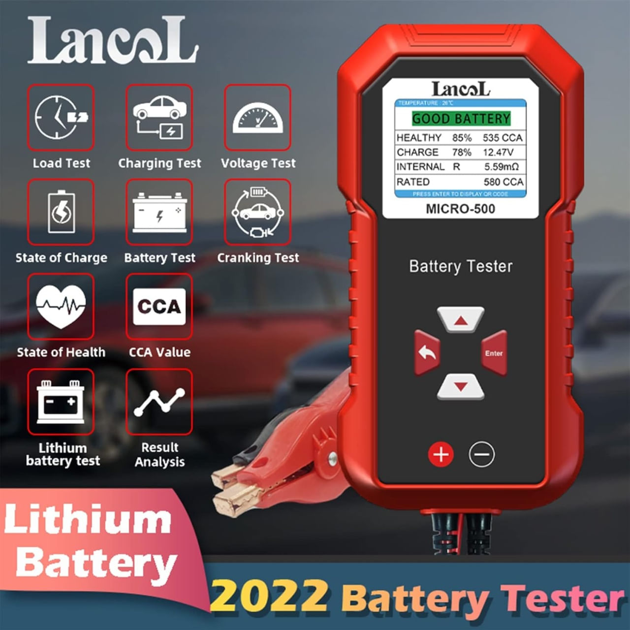 Tester baterie auto Lancol MICRO-500, verificare rapida 12V Plumb-Acid si LiFePO4, compatibil AGM, GEL, EFB, rosu negru - 1 | YEO