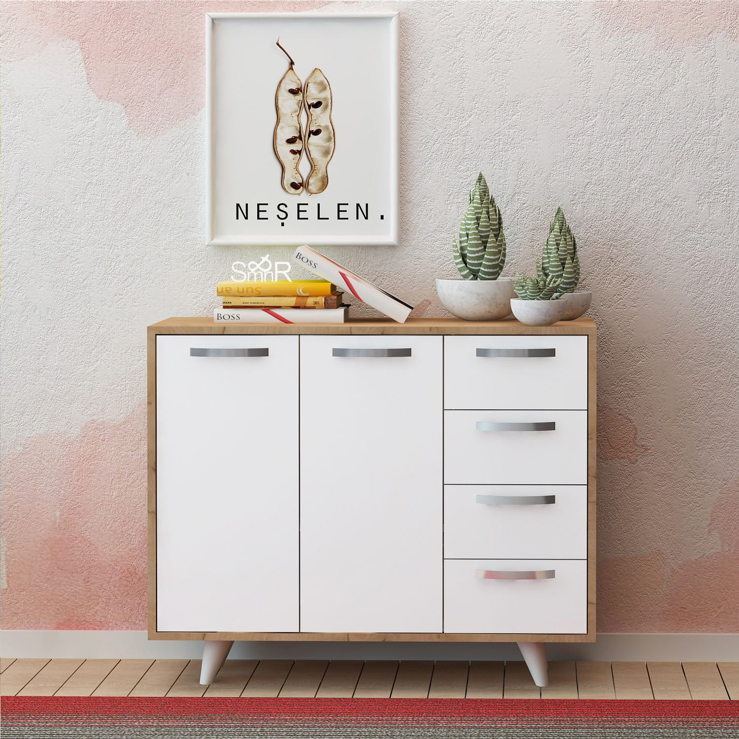 Comoda, Hanah Home, pal melaminat, stejar si alb, 100x35x82 cm — imaginea 2