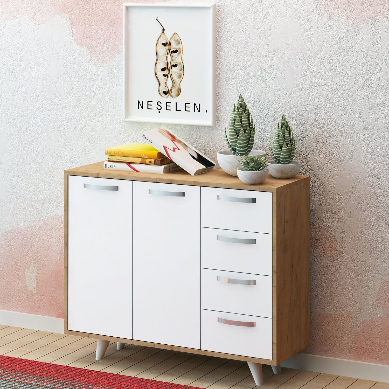 Comoda, Hanah Home, pal melaminat, stejar si alb, 100x35x82 cm — imaginea 4