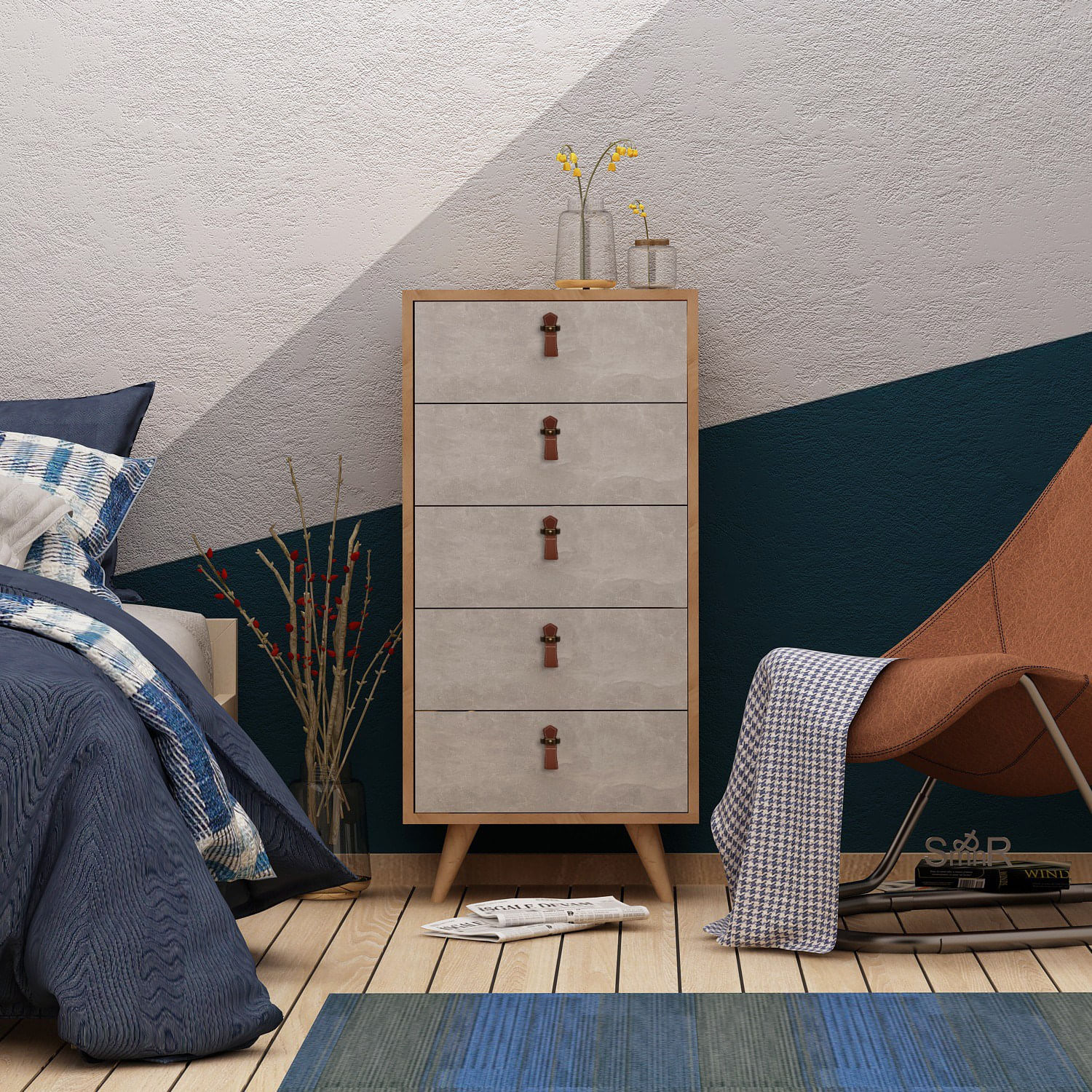 Comoda, Hanah Home, pal melaminat, stejar si alb, 50x40x103 cm — imaginea 4