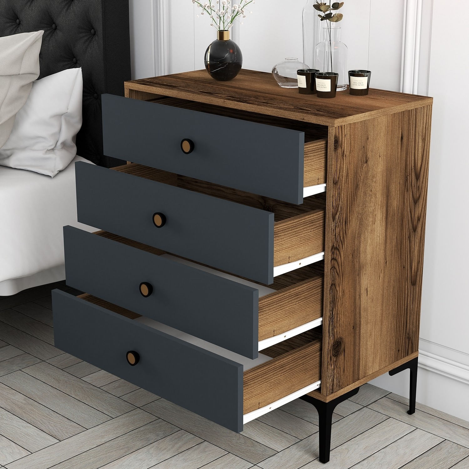 Comoda, Hanah Home, pal melaminat, nuc si antracit, 76x40x90.7 cm — imaginea 4