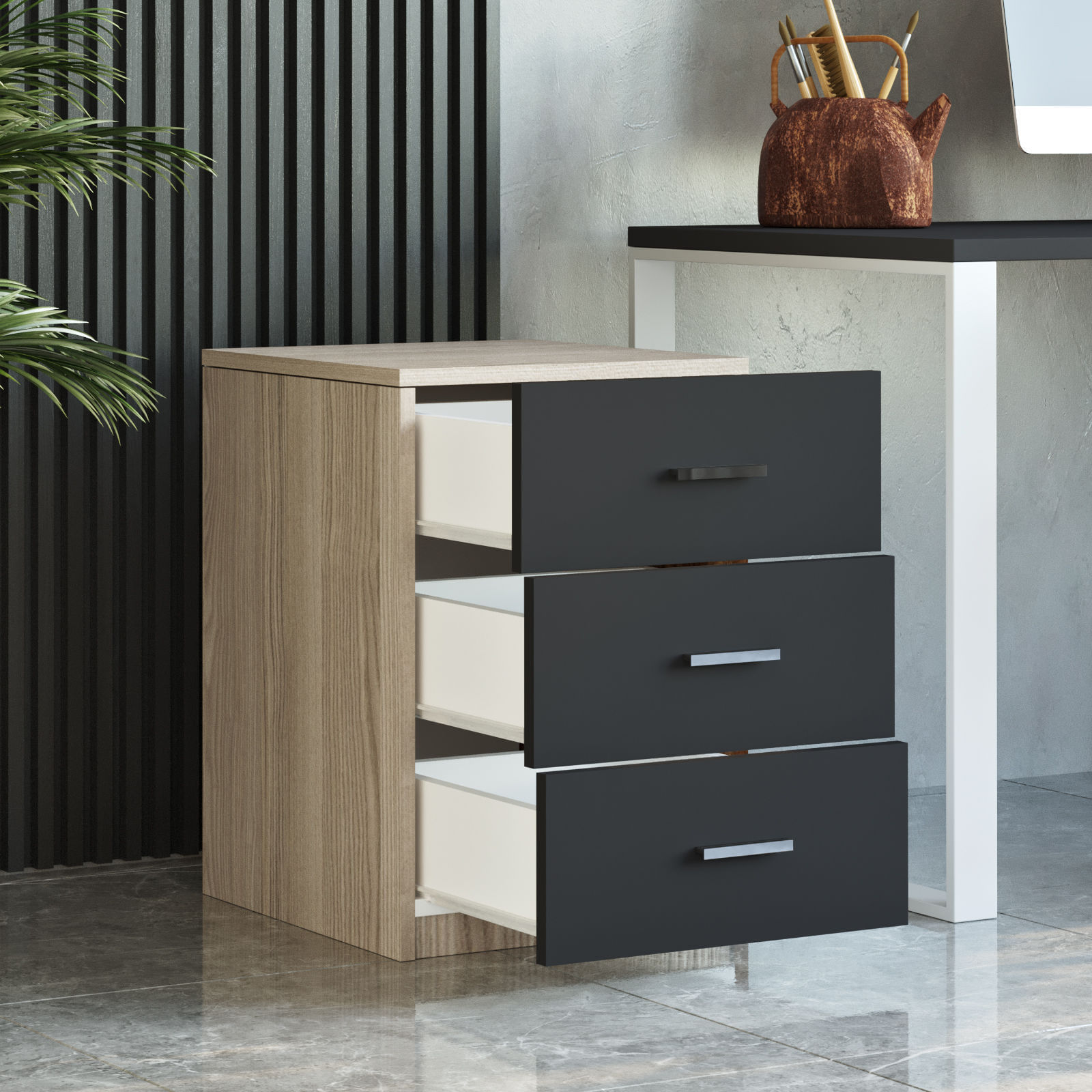 Comoda, Hanah Home, panou de particule melaminat, stejar si negru, 44.5x46.6x61.8 cm — imaginea 2
