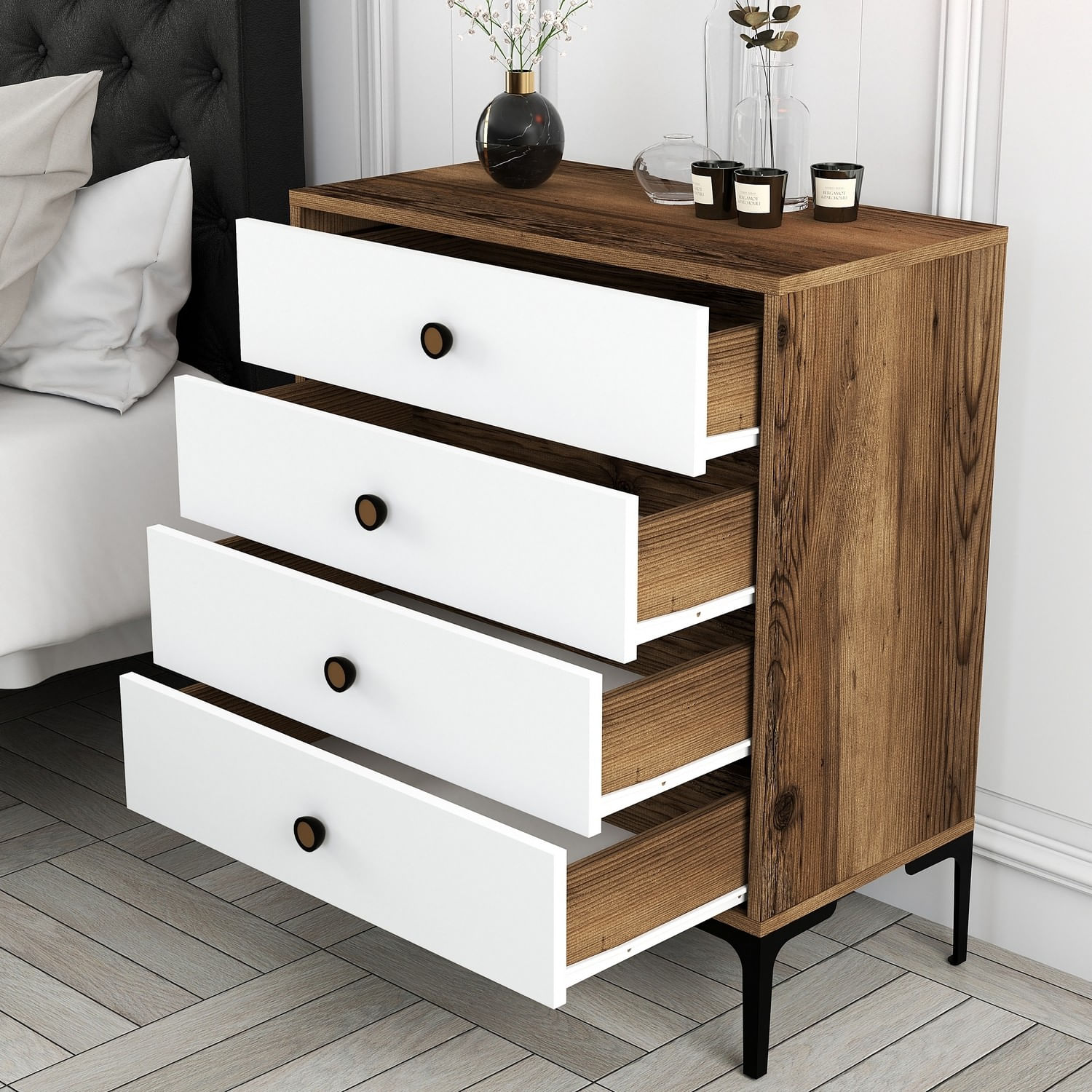 Comoda, Hanah Home, pal melaminat, nuc si alb, 76x40x90.7 cm, 845HCT1202 — imaginea 5