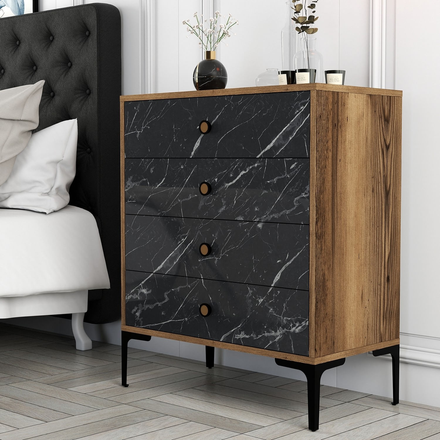 Comoda, Hanah Home, pal melaminat, nuc si negru, 76x40x90.7 cm — imaginea 3
