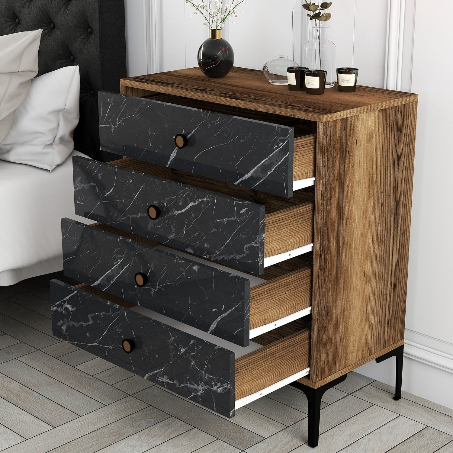 Comoda, Hanah Home, pal melaminat, nuc si negru, 76x40x90.7 cm — imaginea 4