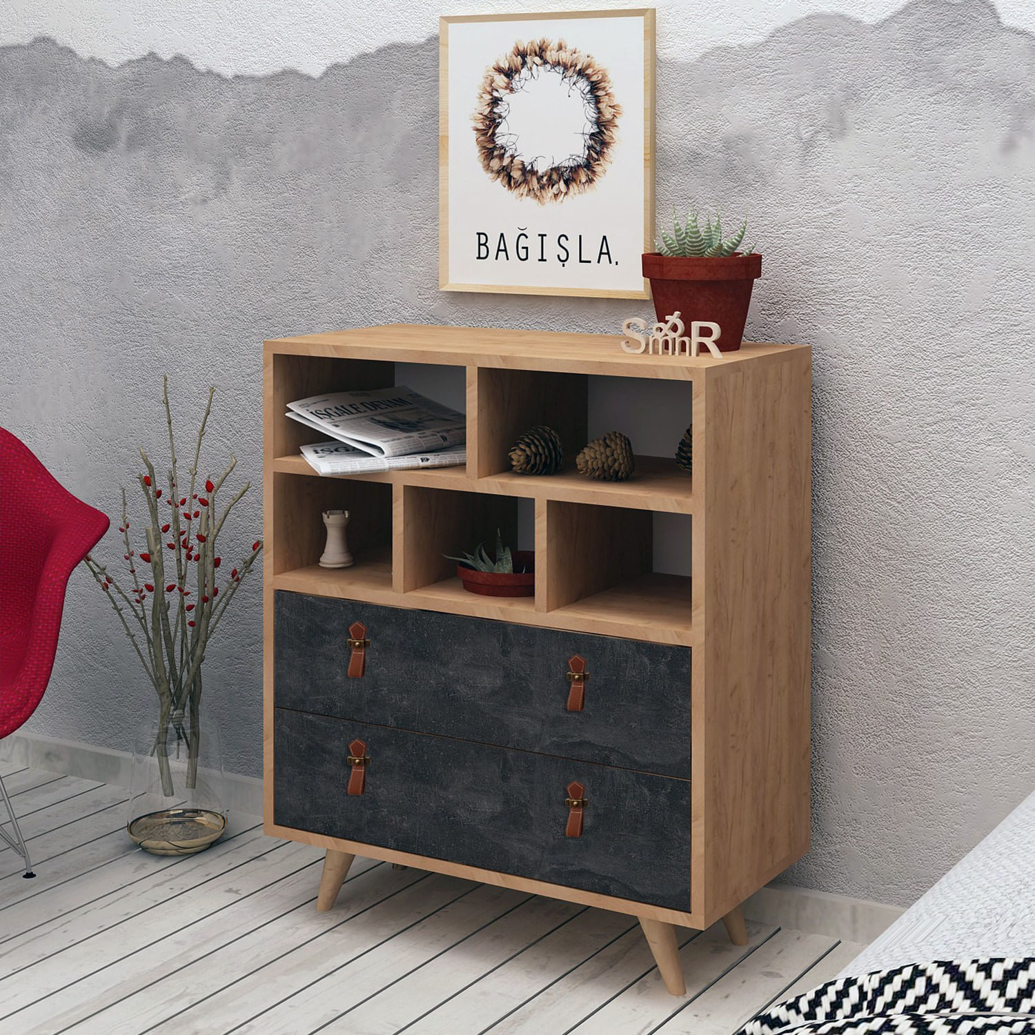 Comoda, Hanah Home, pal melaminat, stejar si gri inchis, 70x40x85,6 cm — imaginea 4
