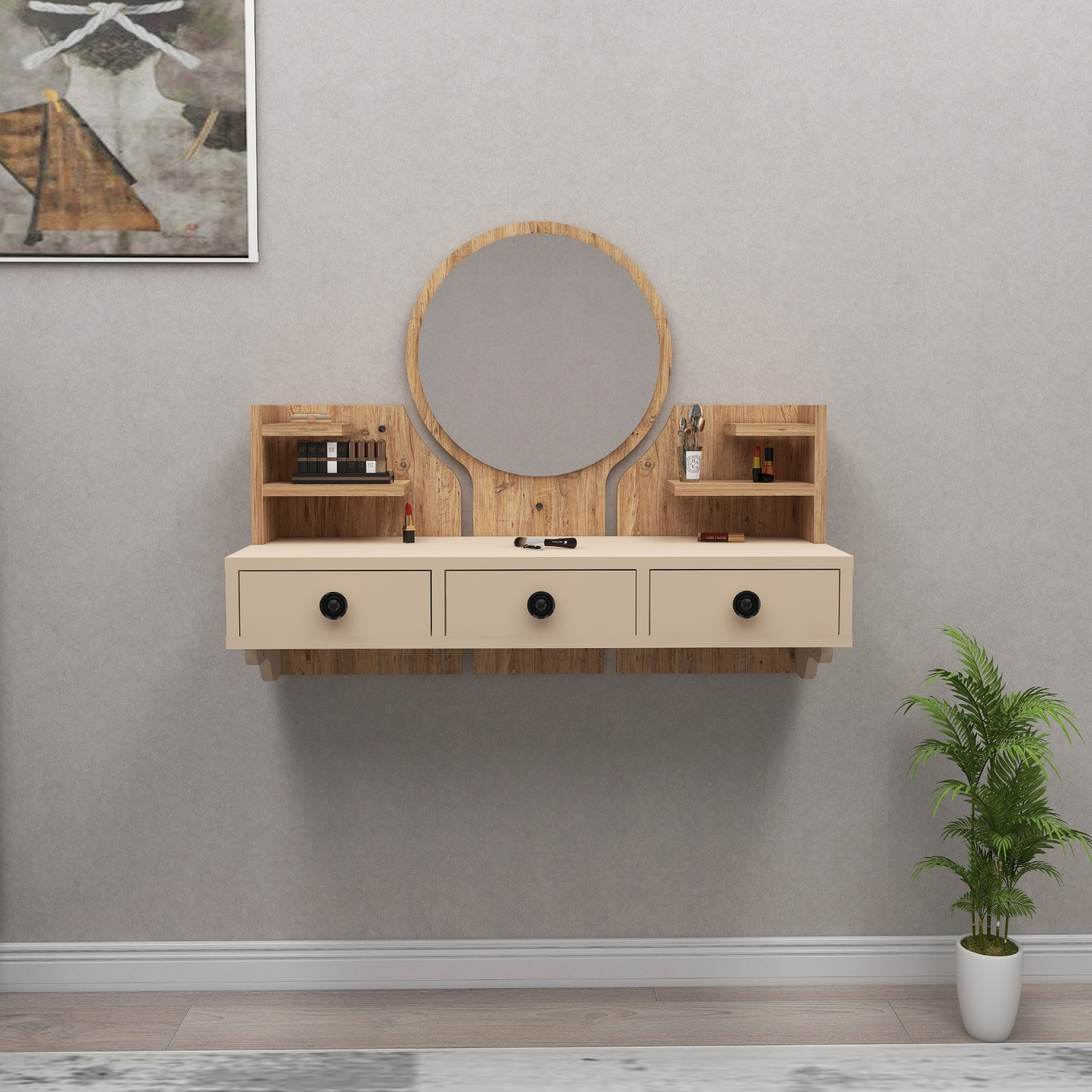 Masa de machiaj, Hanah Home, pal melaminat, pin atlantic si bej, 90x36.8x75 cm — imaginea 2