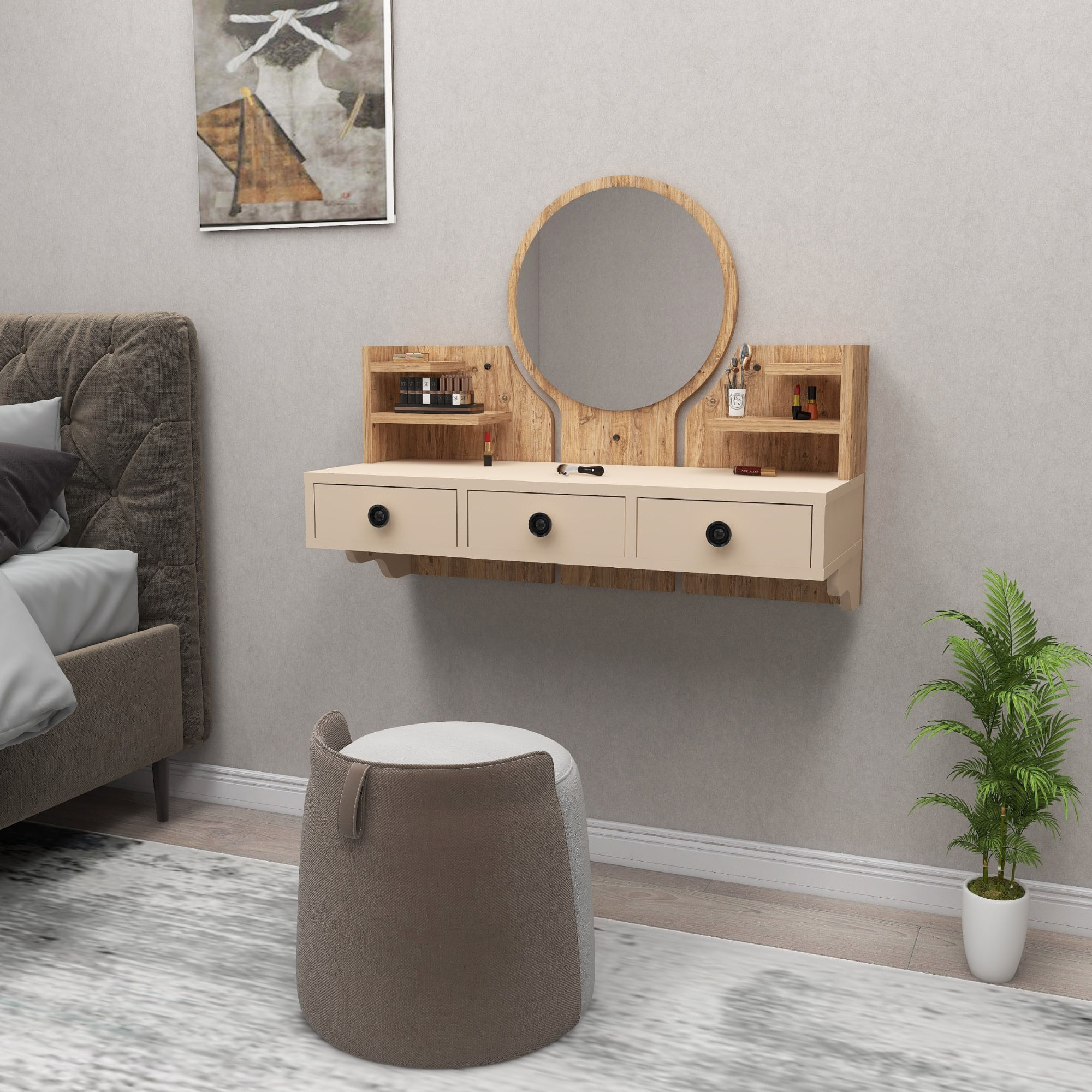 Masa de machiaj, Hanah Home, pal melaminat, pin atlantic si bej, 90x36.8x75 cm — imaginea 3