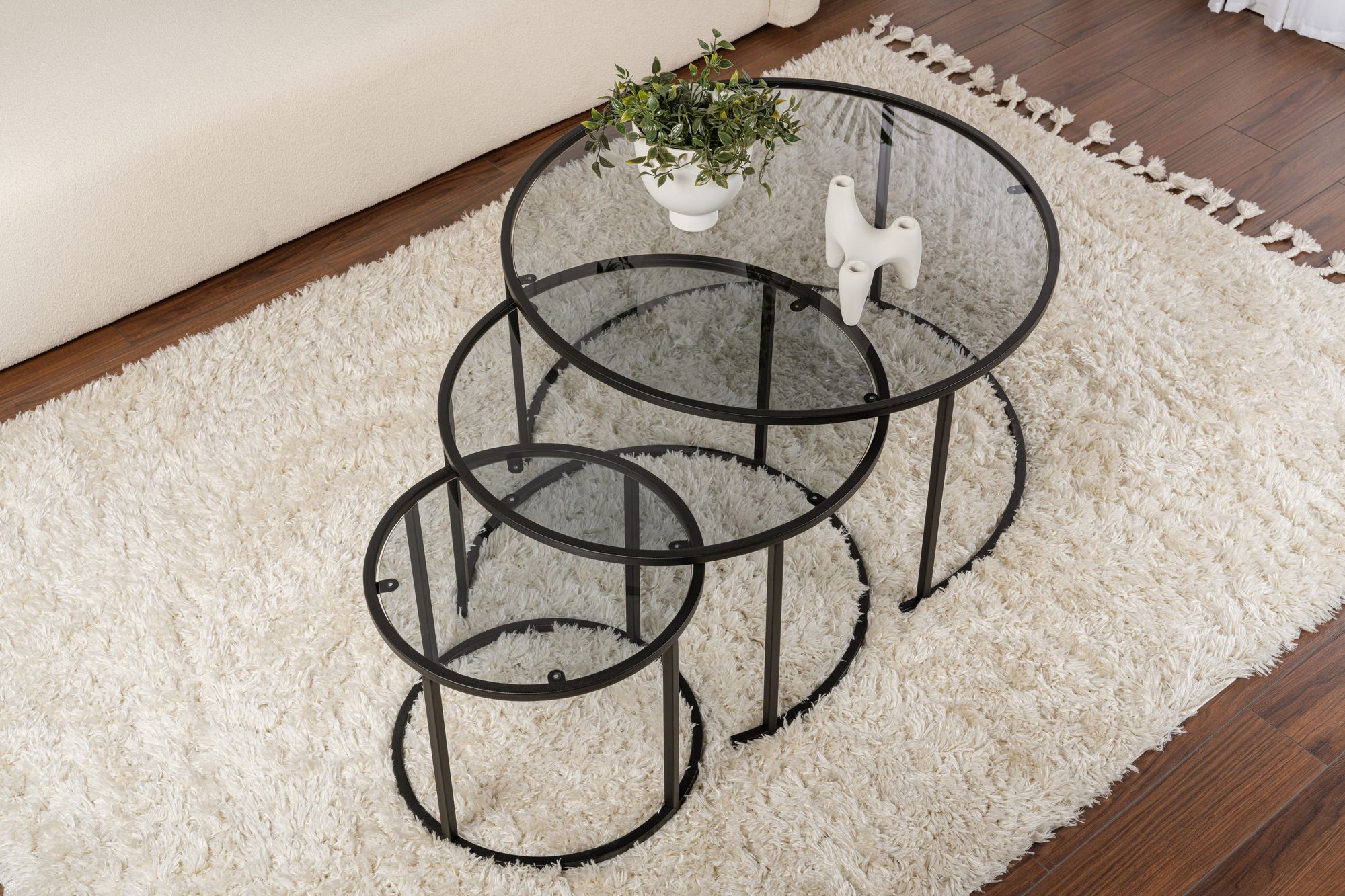 Set masute de cafea, Hanah Home, sticla temperata si metal, negru si gri, 80x80x43 cm, 60x60x39 cm, 42x42x35 cm — imaginea 3