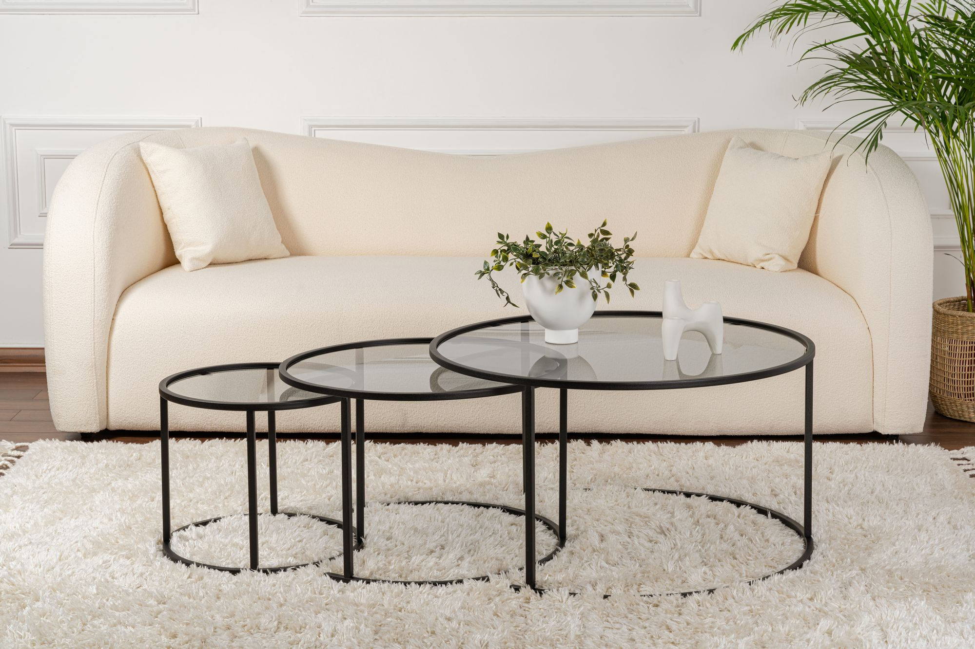 Set masute de cafea, Hanah Home, sticla temperata si metal, negru si gri, 80x80x43 cm, 60x60x39 cm, 42x42x35 cm — imaginea 4