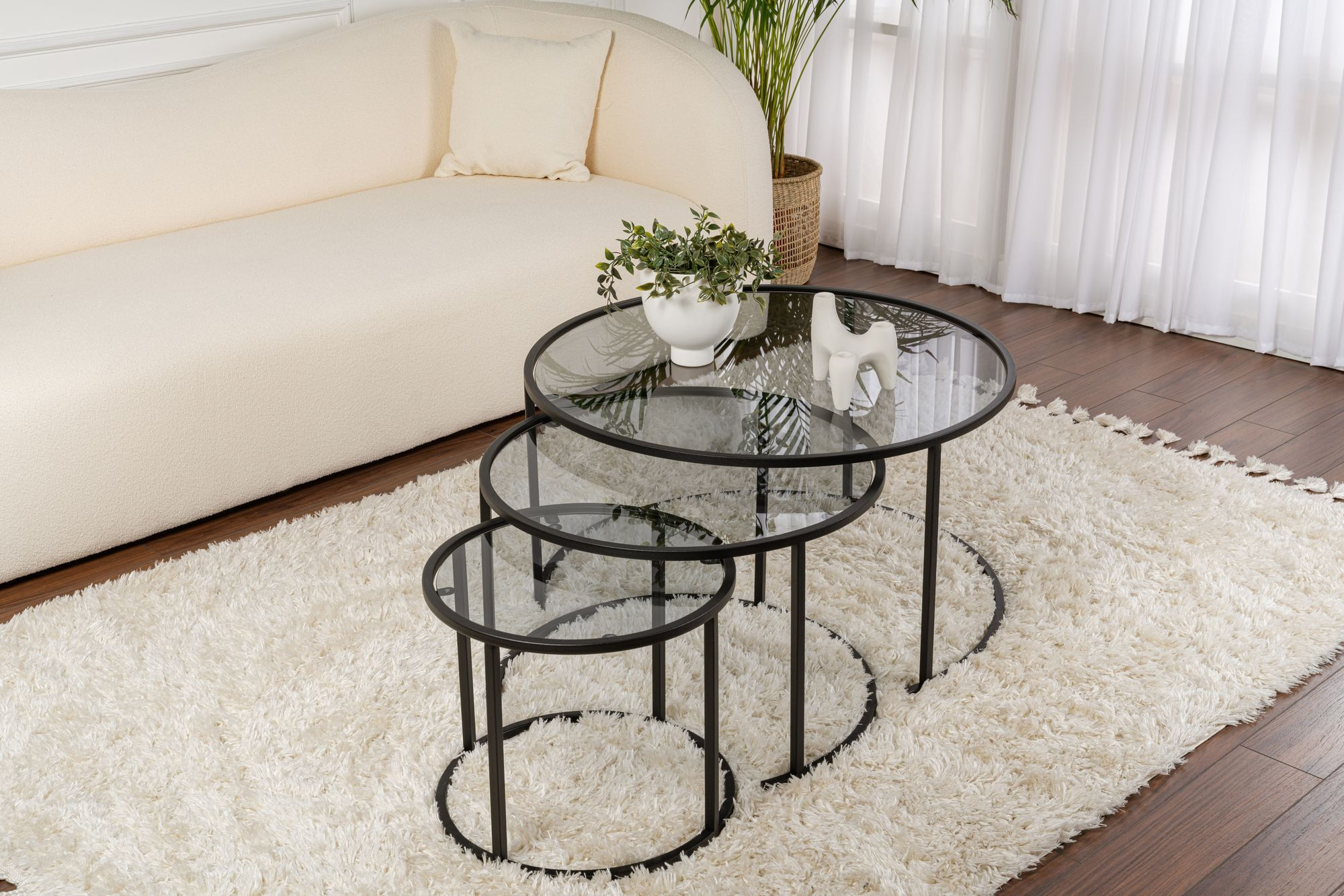 Set masute de cafea, Hanah Home, sticla temperata si metal, negru si gri, 80x80x43 cm, 60x60x39 cm, 42x42x35 cm — imaginea 5