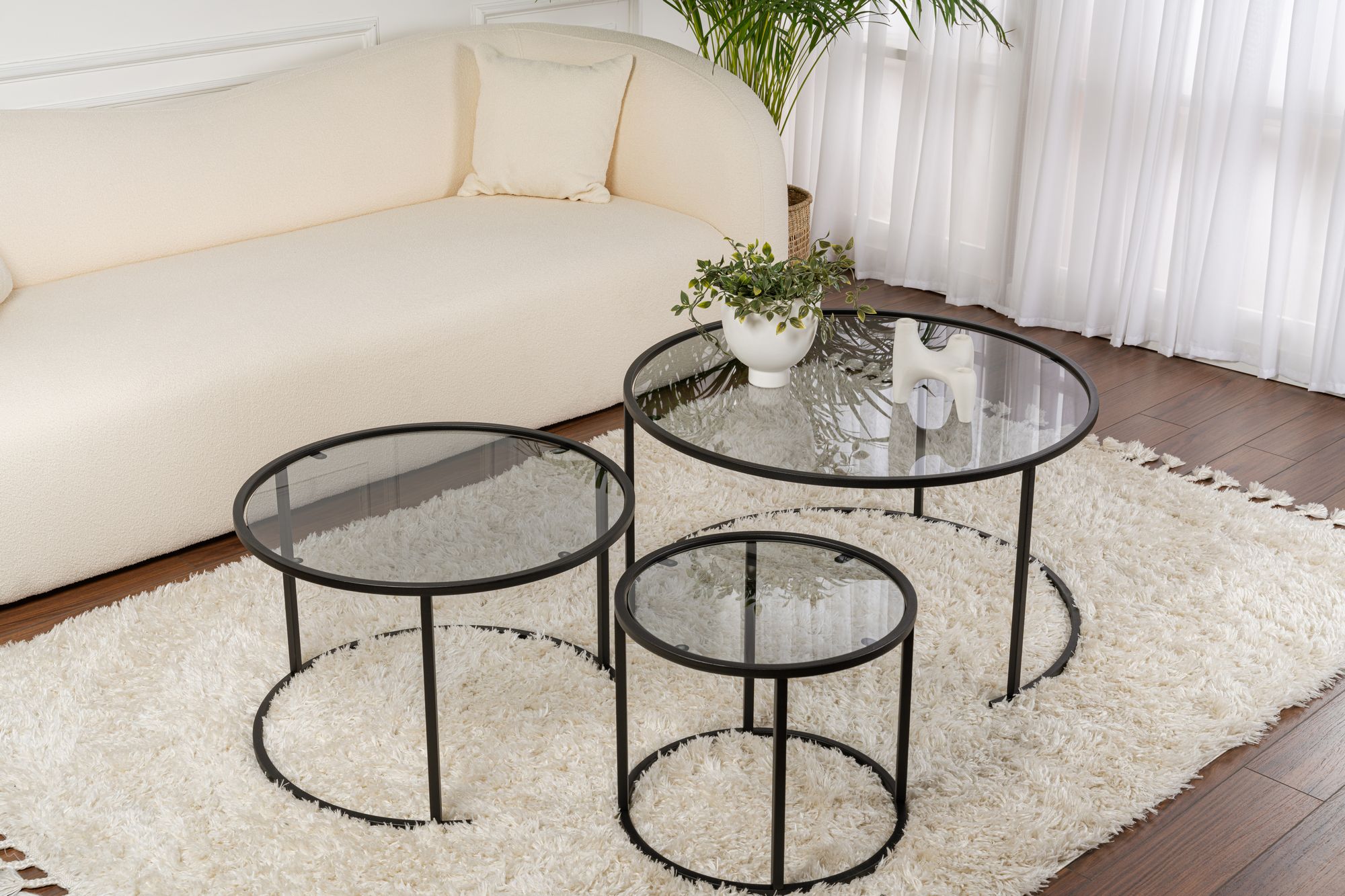 Set masute de cafea, Hanah Home, sticla temperata si metal, negru si gri, 80x80x43 cm, 60x60x39 cm, 42x42x35 cm — imaginea 6
